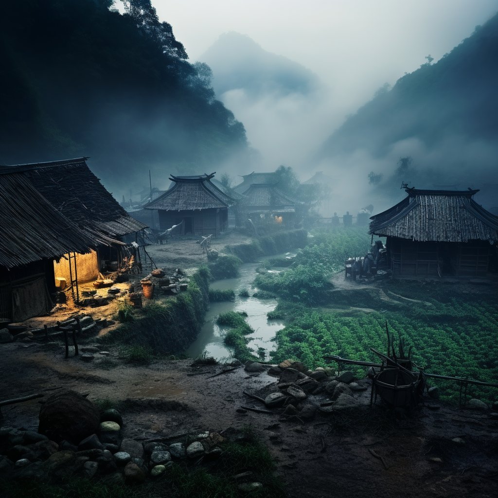 Village traditionnel niché au fond d'une vallée montagneuse brumeuse aux maisons en bois éclairées.
