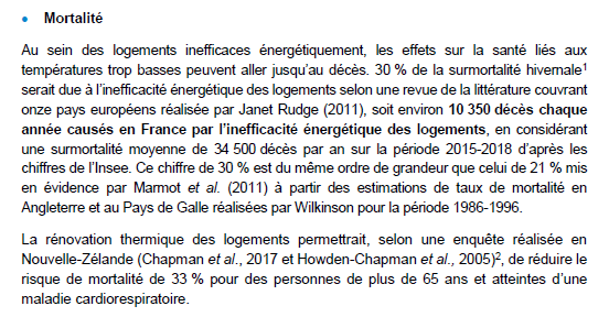 Extrait de texte traitant des effets de l'inefficacité énergétique des logements sur la santé et la mortalité.