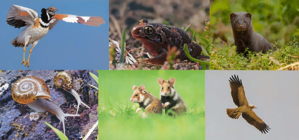 Collage photographique de plusieurs animaux sauvages, dont un crapaud et deux hamsters dans l'herbe.