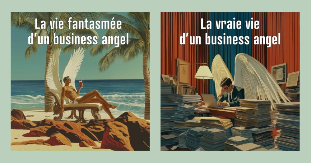 Comparaison entre la vie fantasmée d'un business angel se prélassant à la plage et la réalité d'un investisseur submergé par le travail de bureau.