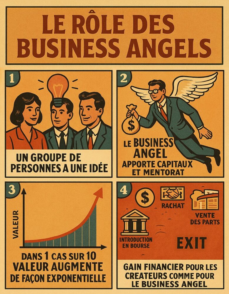 Infographie expliquant en quatre étapes le rôle et le processus d'intervention d'un business angel dans un projet.