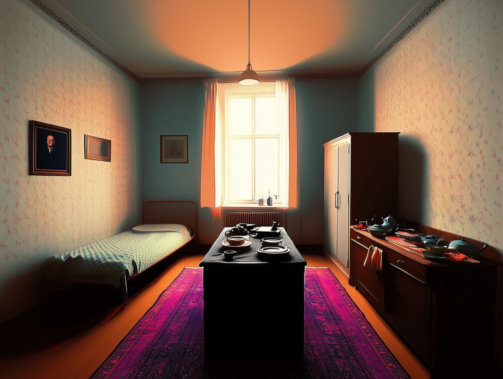 Chambre meublée avec un lit simple, une table centrale et un tapis violet sous une fenêtre lumineuse.