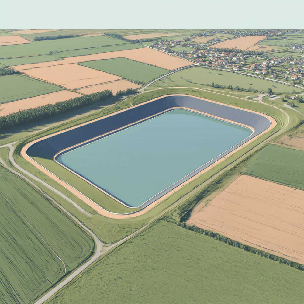 Vue aérienne d'une grande retenue d'eau agricole entourée de champs cultivés.