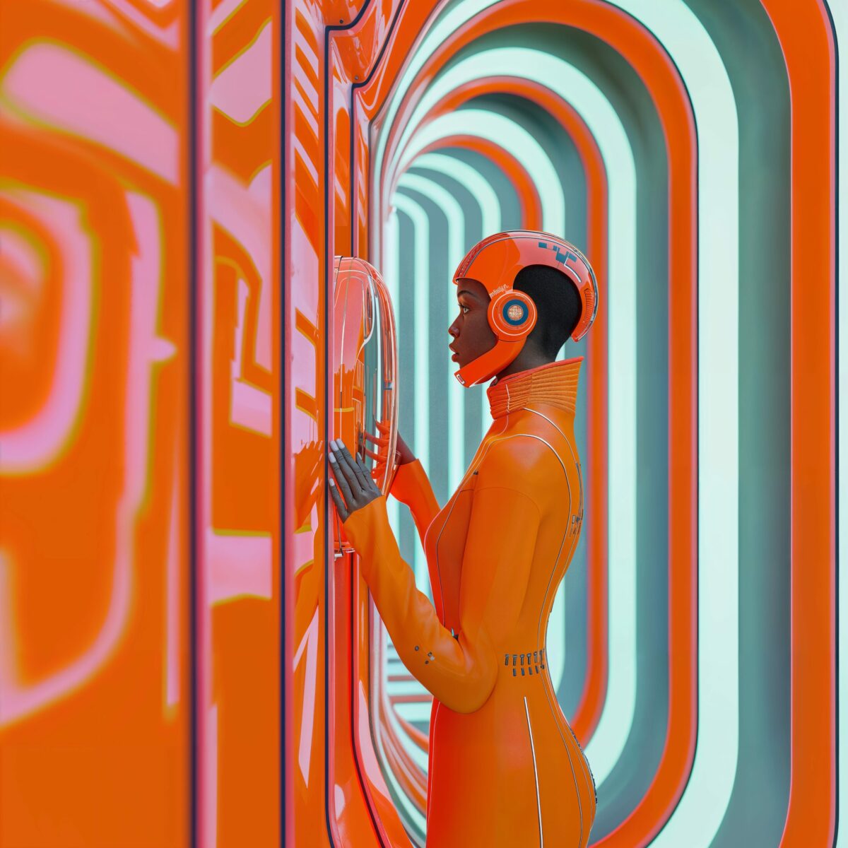 Personne vêtue d'une combinaison orange futuriste dans un couloir aux motifs géométriques lumineux.