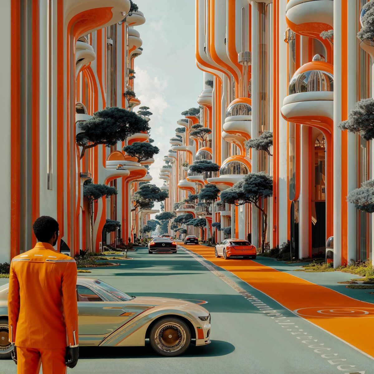 Vue d'une rue d'une ville futuriste aux bâtiments blancs et orange bordée d'arbres et de véhicules stylisés.