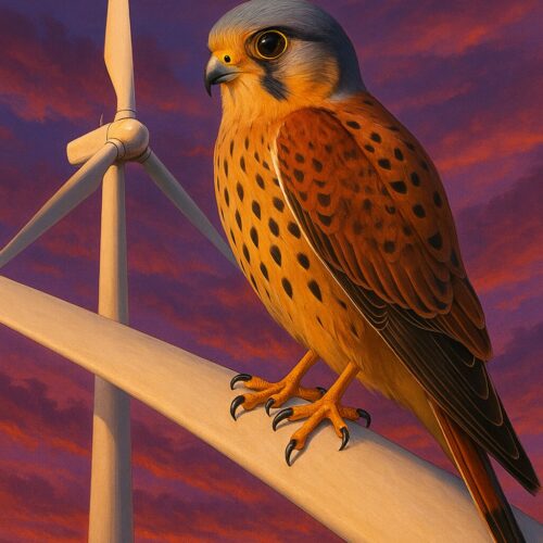 Un faucon crécerelle perché sur la pale d'une éolienne devant un ciel couchant.