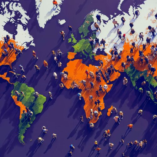 Illustration d'une carte du monde stylisée survolée par une multitude de silhouettes humaines se déplaçant.
