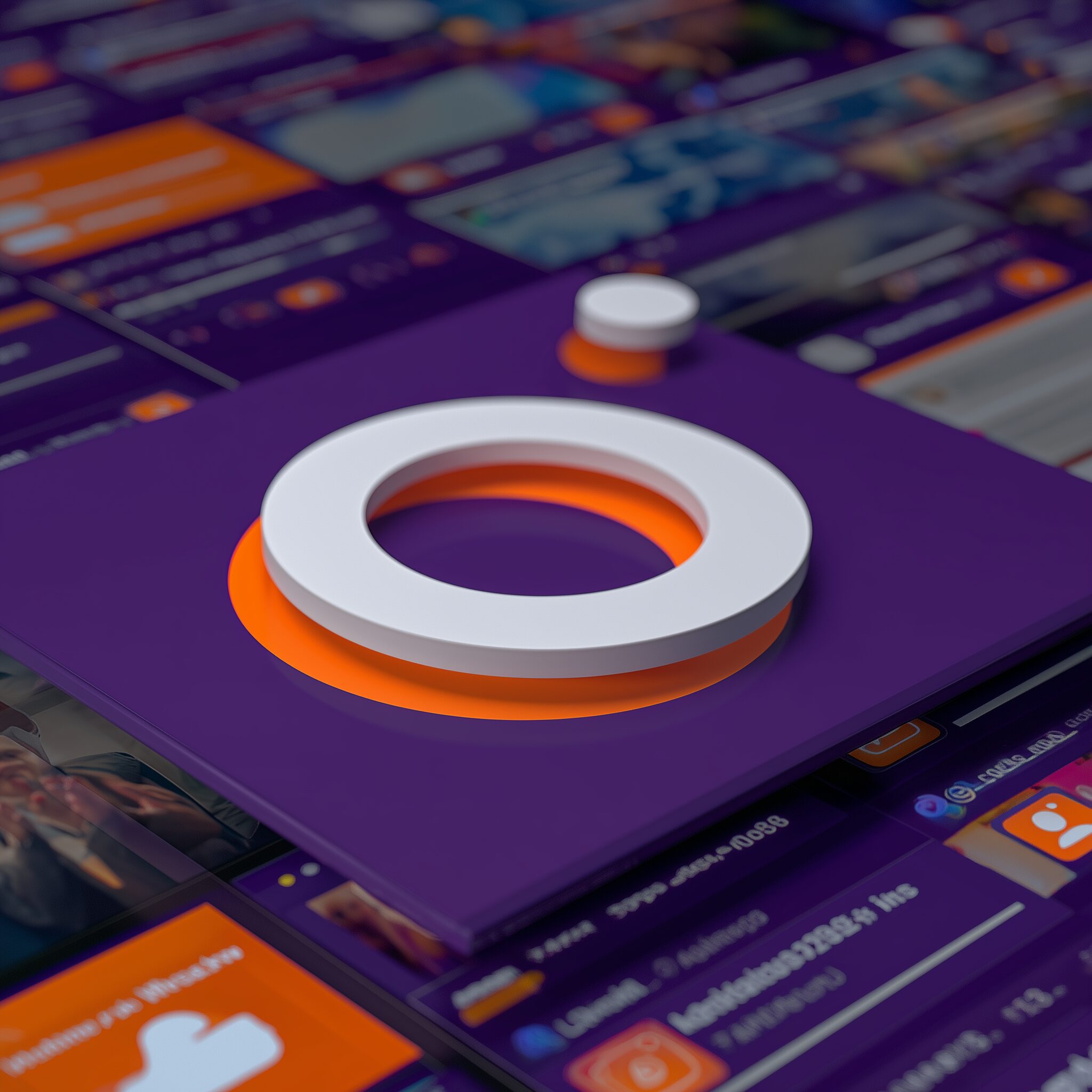 Rendu 3D d'un logo violet et orange en forme de caméra posé sur une grille d'applications.