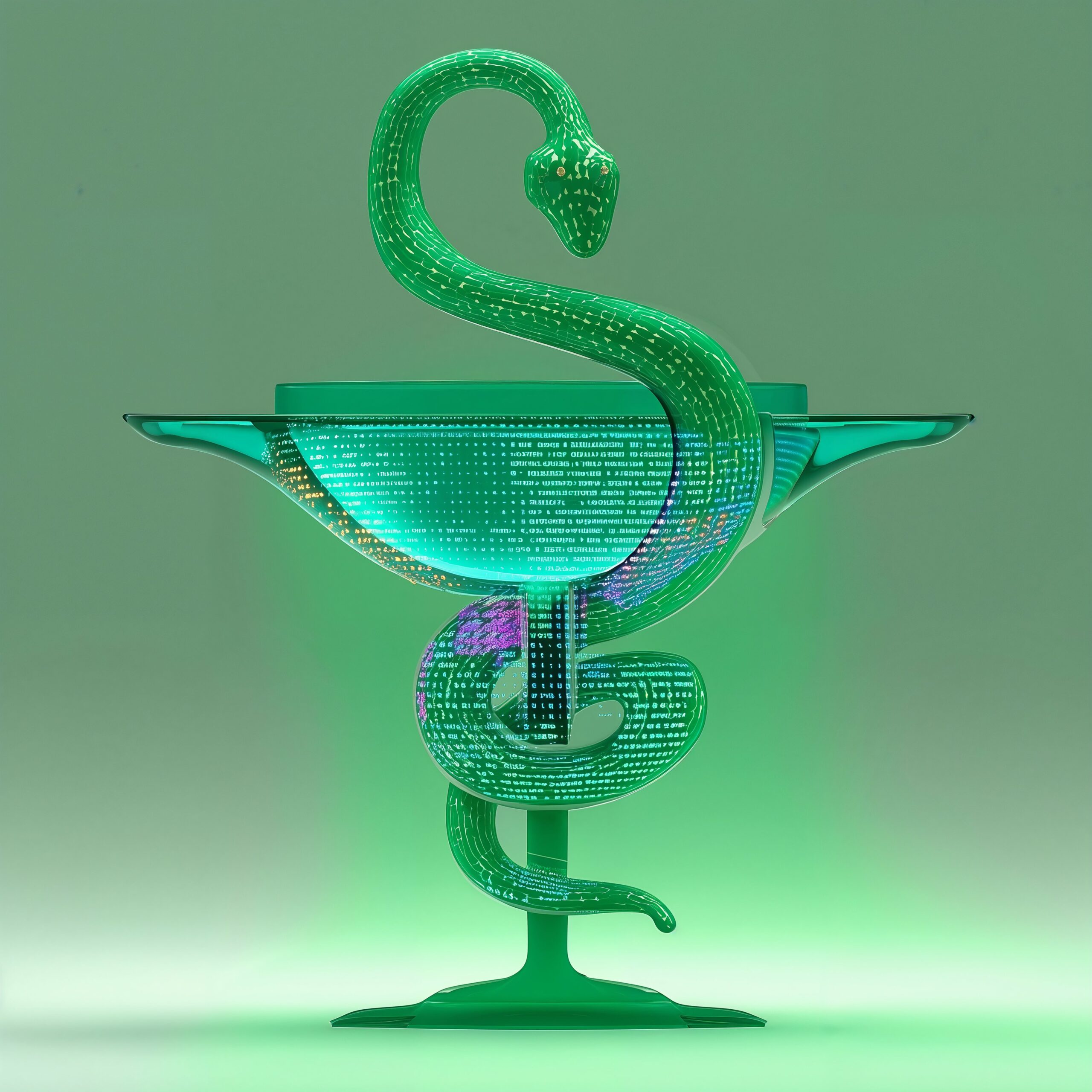 Représentation en trois dimensions de la coupe d'Hygie, symbole de la pharmacie, en verre vert translucide.