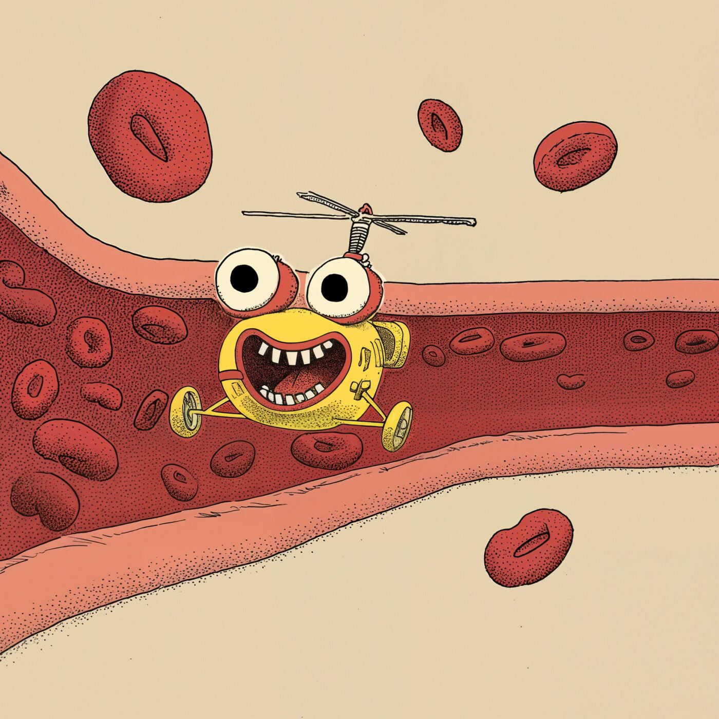 Illustration d'un petit hélicoptère jaune naviguant à l'intérieur d'un vaisseau sanguin parmi des globules rouges.