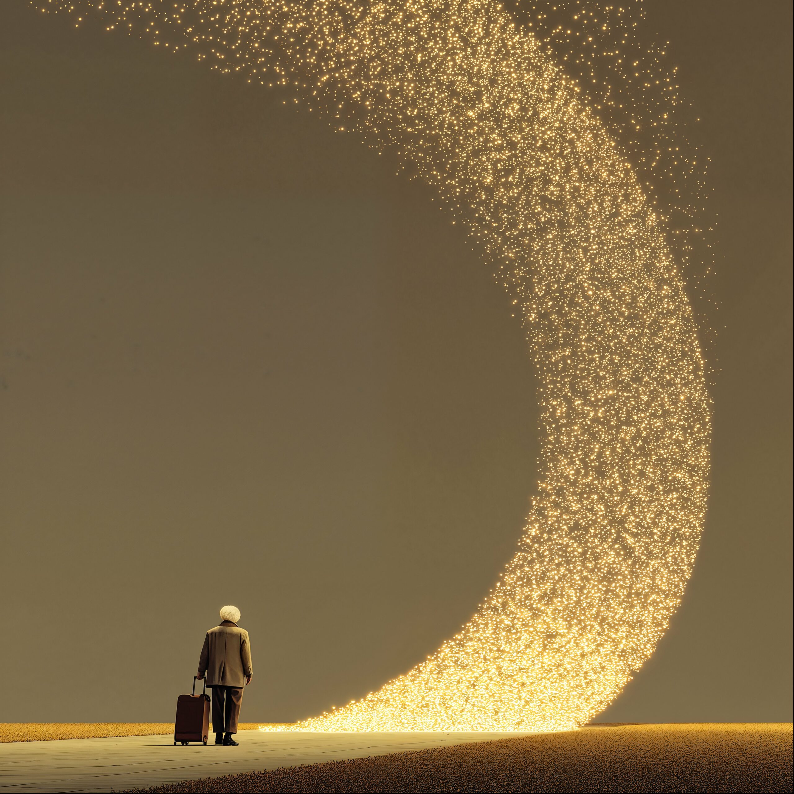 Une personne avec une valise marche sur une route vers une gigantesque arche lumineuse.