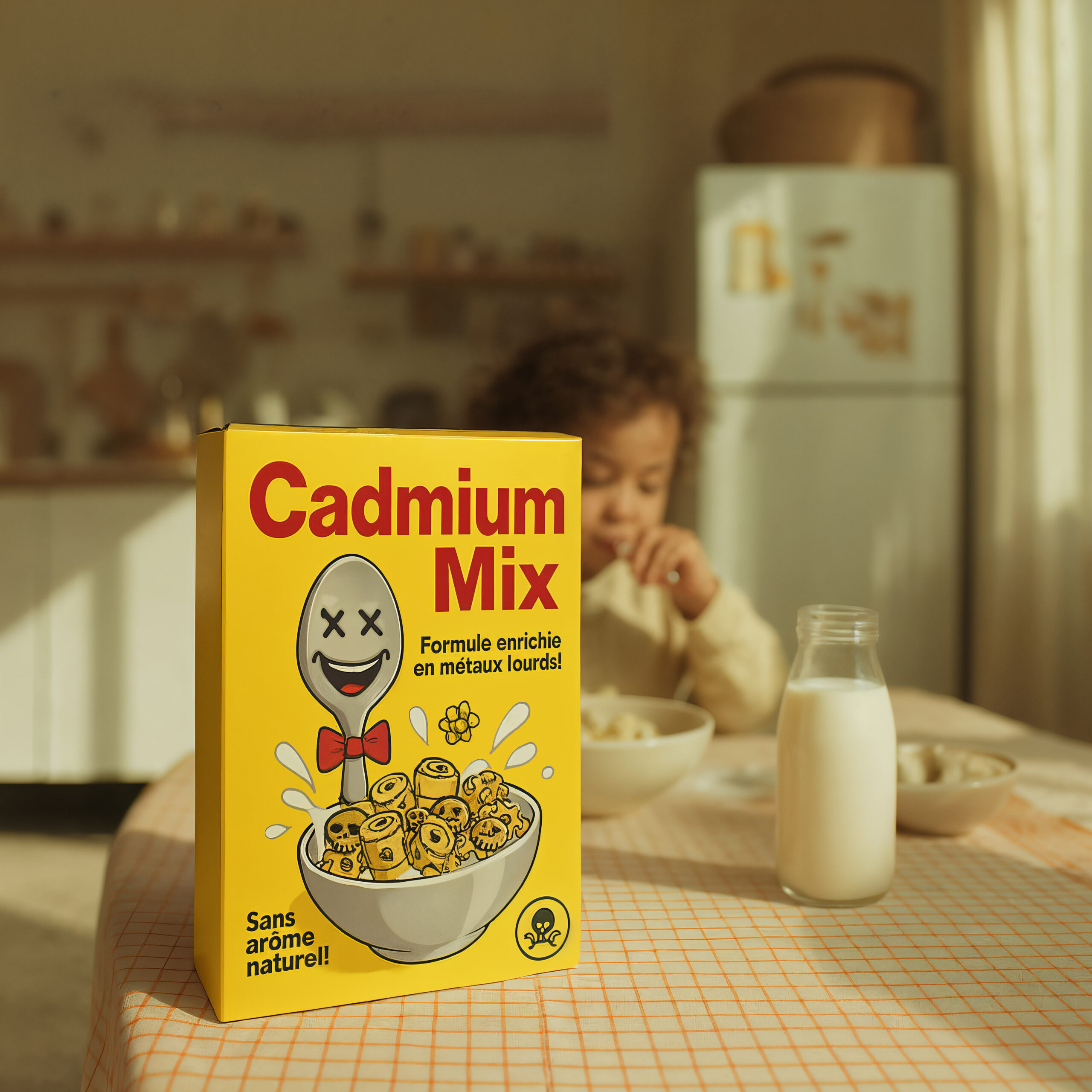 Une boîte de céréales jaune Cadmium Mix posée sur une table de cuisine devant un enfant qui mange.