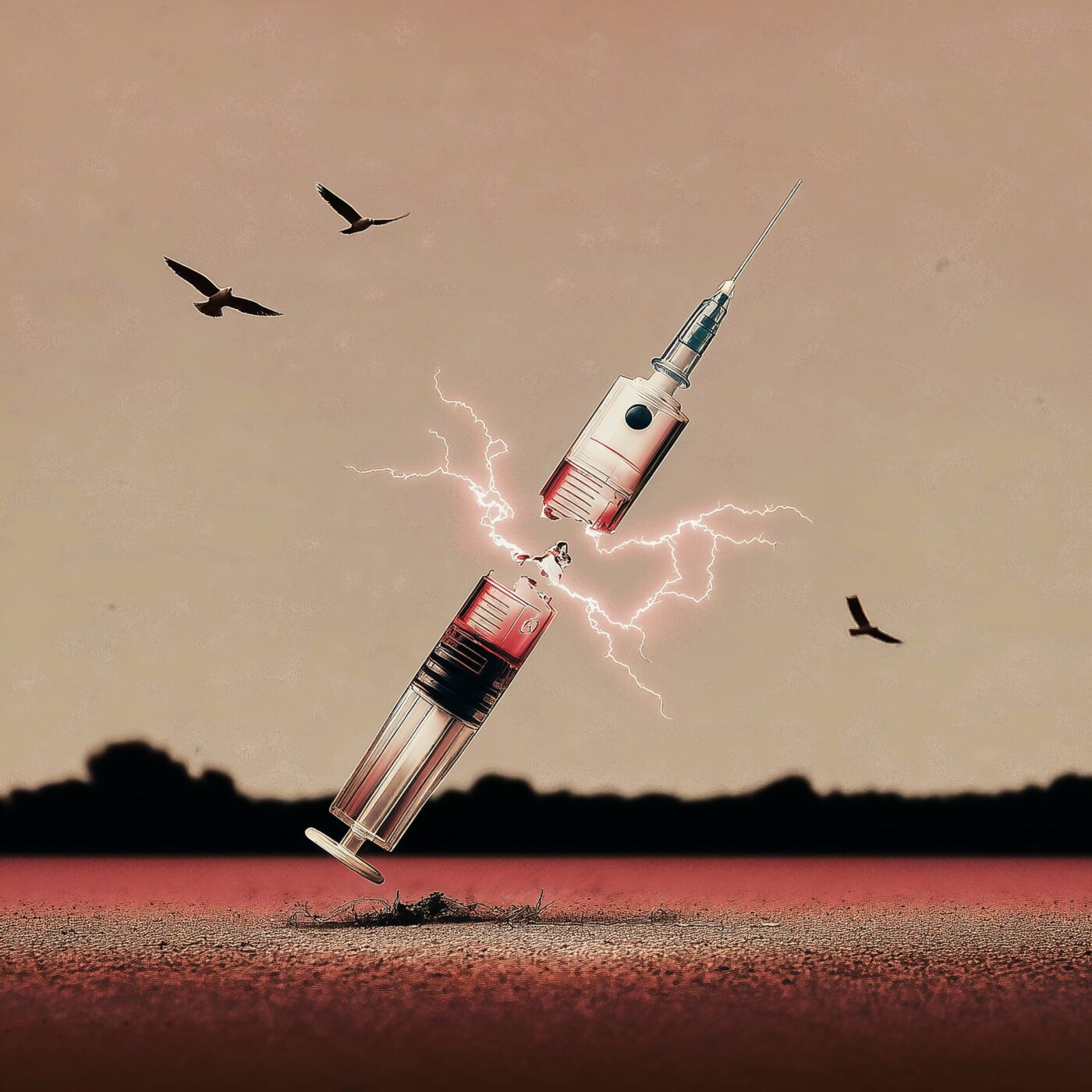 Illustration surréaliste d'une fusée spatiale fusionnée avec une seringue s'envolant dans un paysage désertique.