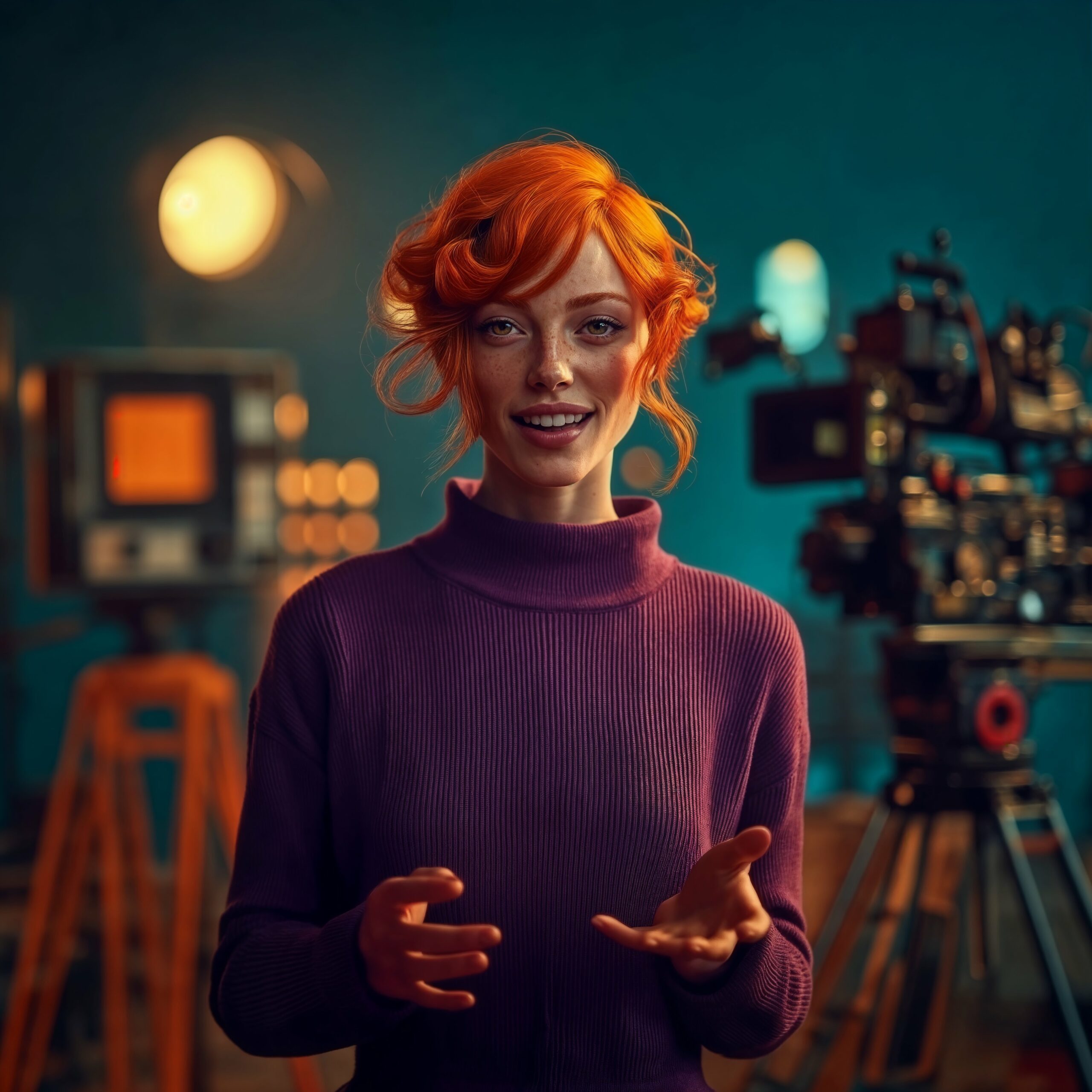 Céleste, une femme aux cheveux roux, s'exprime dans un studio de tournage entourée de caméras.
