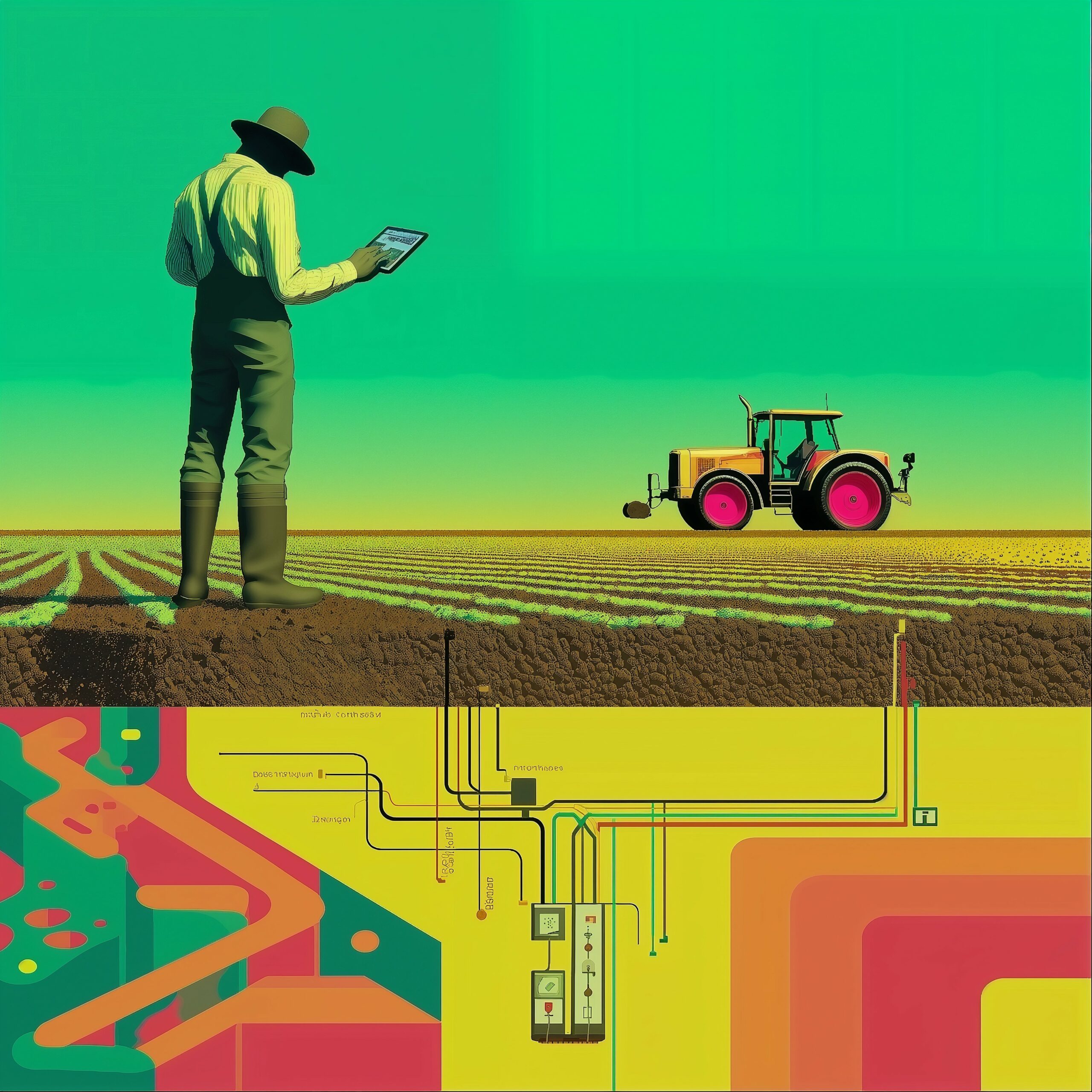 Illustration d'un agriculteur utilisant une tablette numérique dans un champ avec coupe technologique du sol.