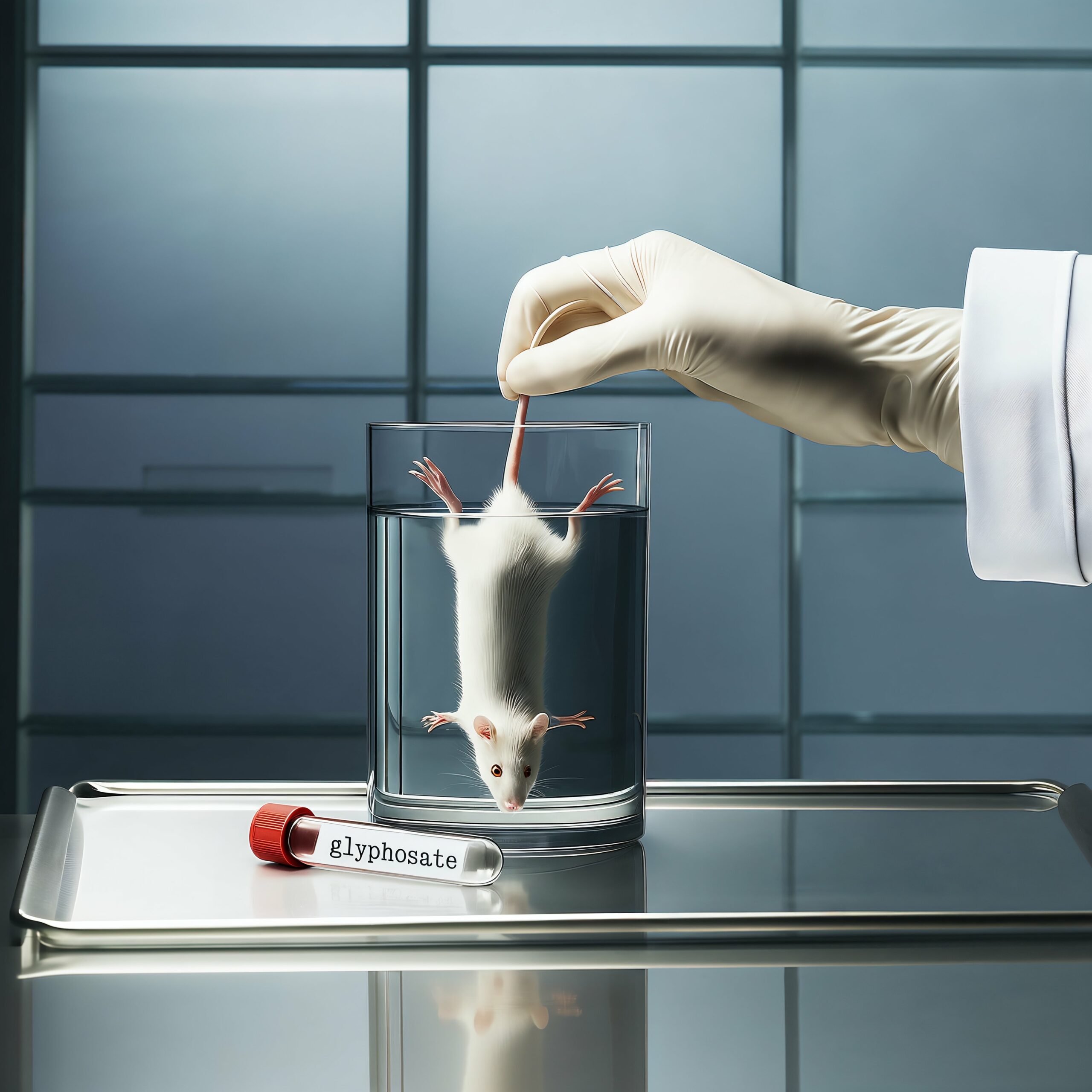 Main gantée tenant une souris blanche de laboratoire au-dessus d'un récipient en verre contenant du liquide.