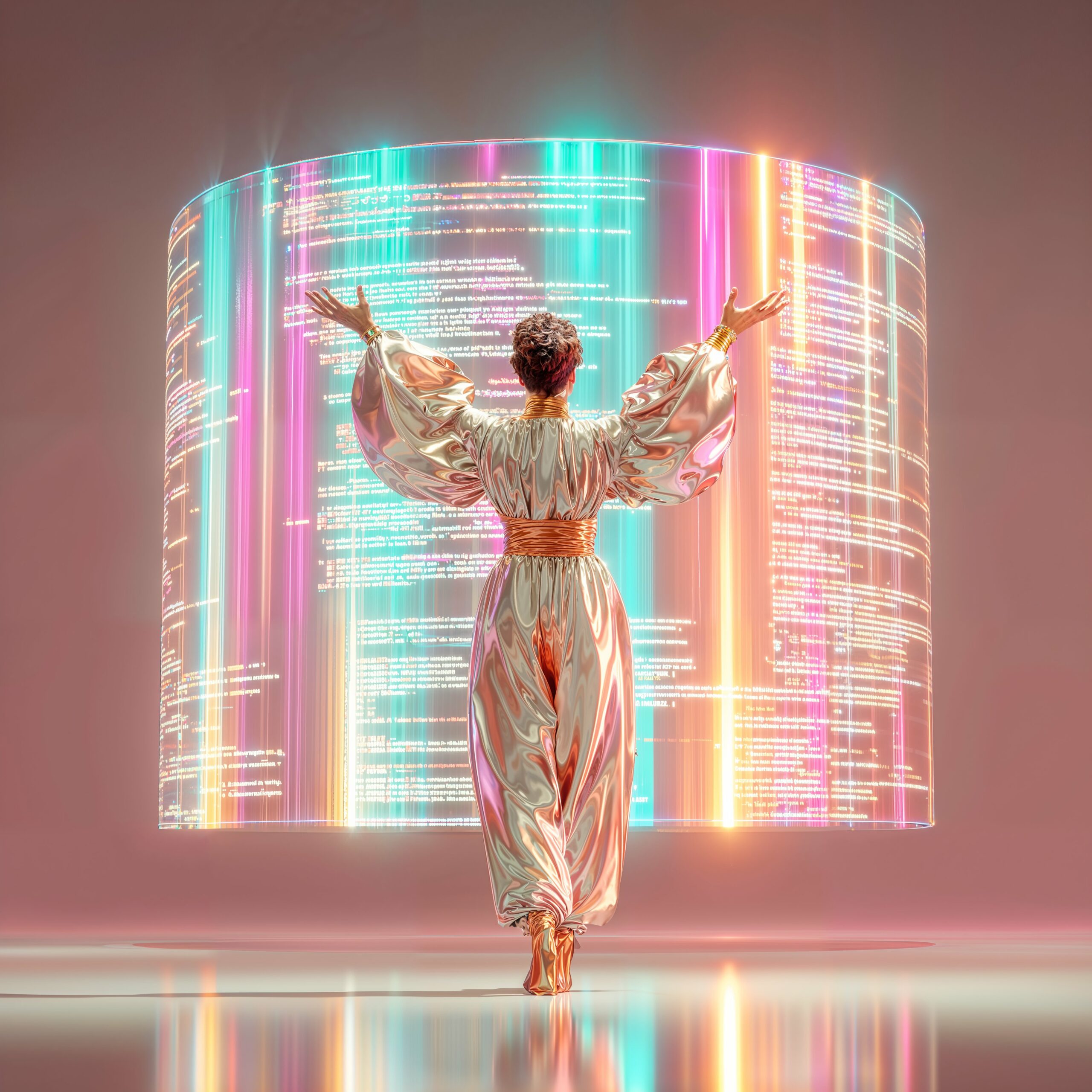 Céleste lève les bras devant un grand écran cylindrique holographique rempli de données lumineuses.