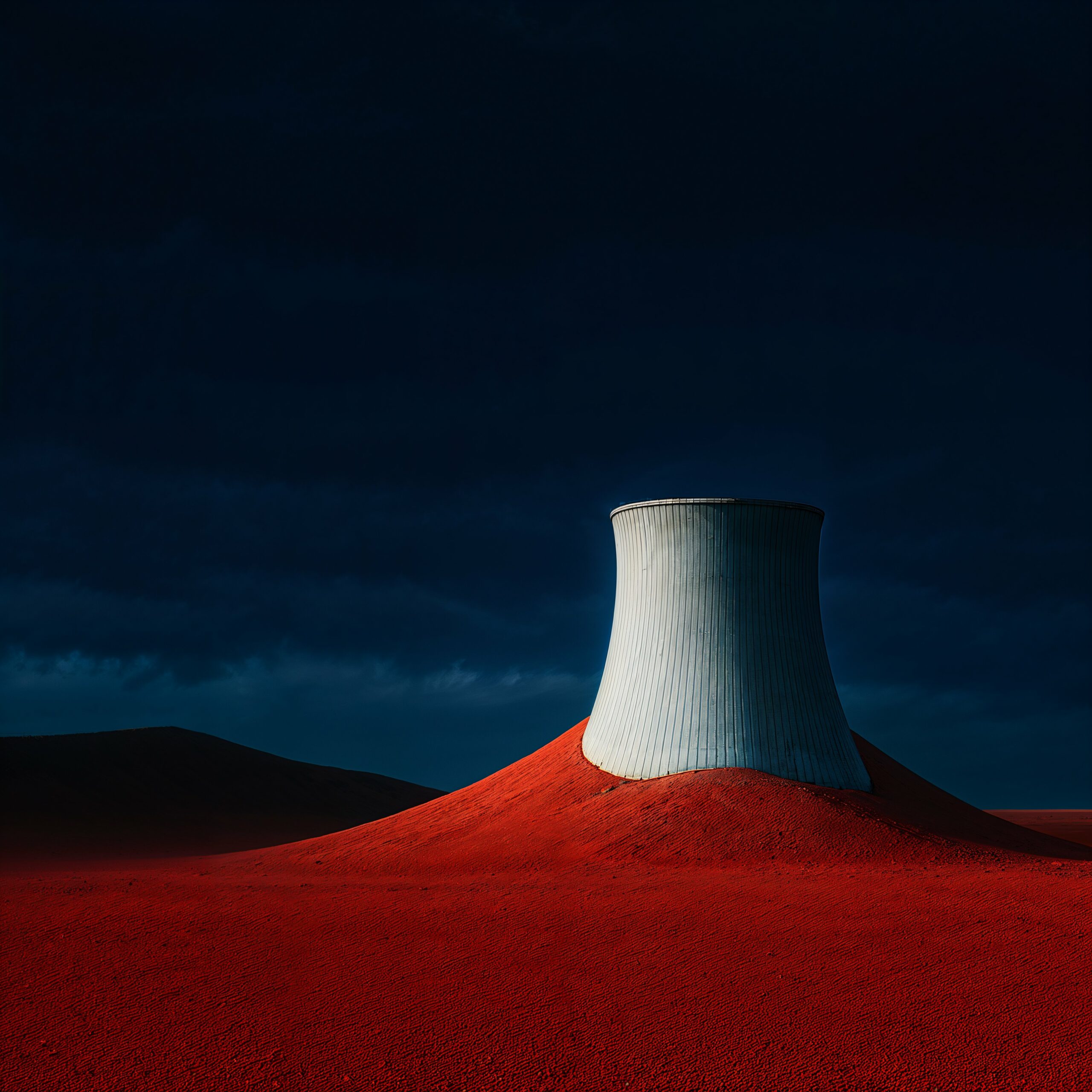 Une tour de refroidissement blanche s'élève au-dessus d'un relief rouge éclatant sous un ciel bleu nuit.