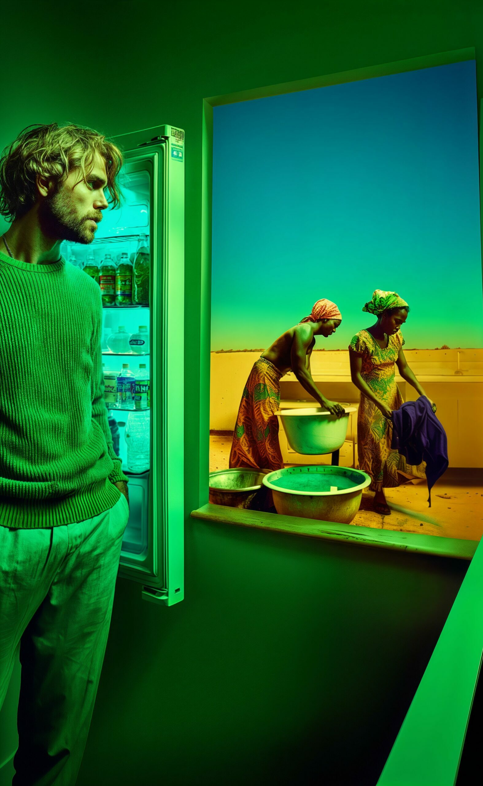 Composition contrastée entre un homme dans un intérieur vert et deux femmes lavant du linge en extérieur.