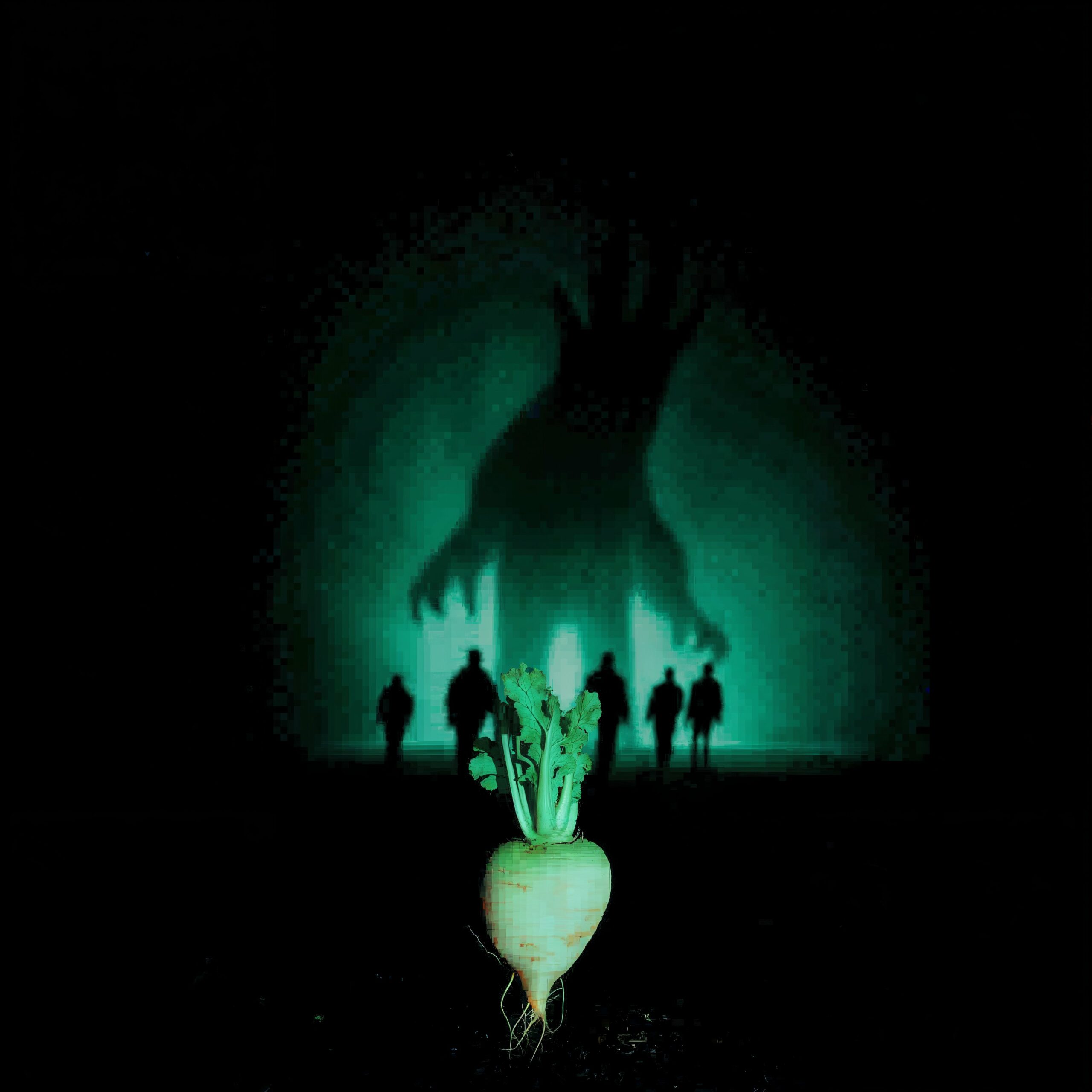 Un navet lumineux au premier plan devant l'ombre d'une main géante et des silhouettes plongées dans une lueur verte.