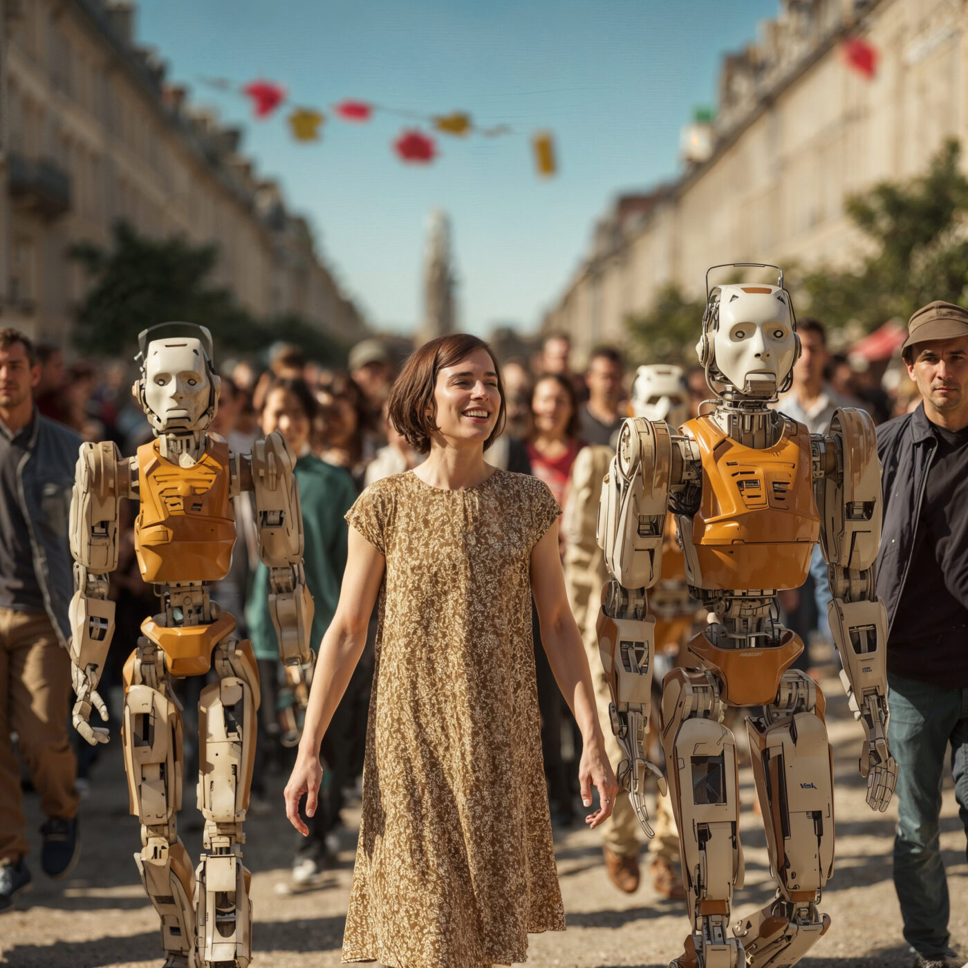Céleste marche dans une rue haussmannienne animée entourée de robots humanoïdes et de piétons.