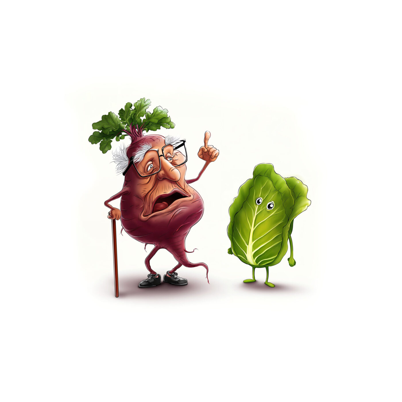 Illustration anthropomorphe d'une betterave âgée avec une canne donnant des conseils à un jeune chou vert.