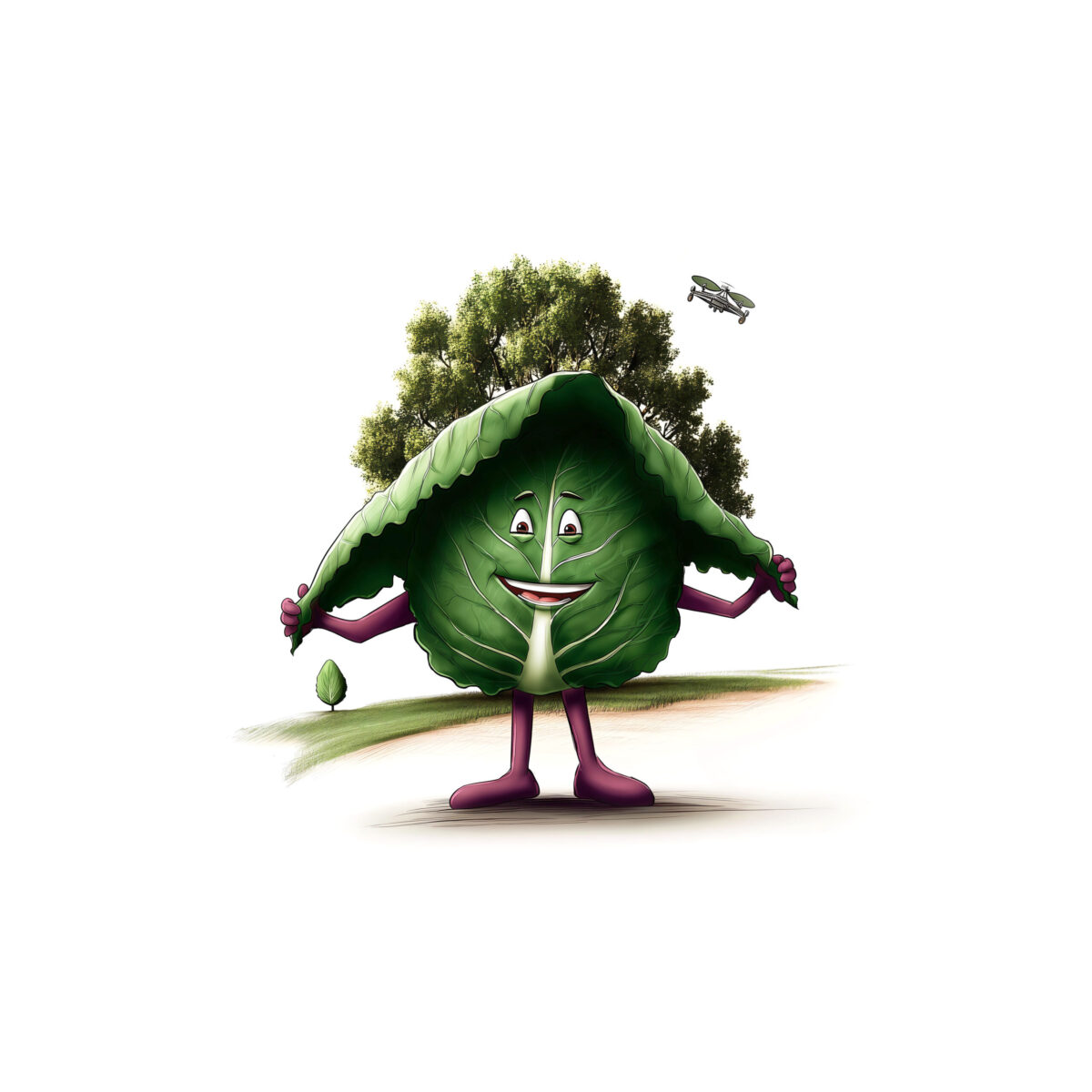 Chou vert anthropomorphe soulevant une large feuille au-dessus de sa tête.