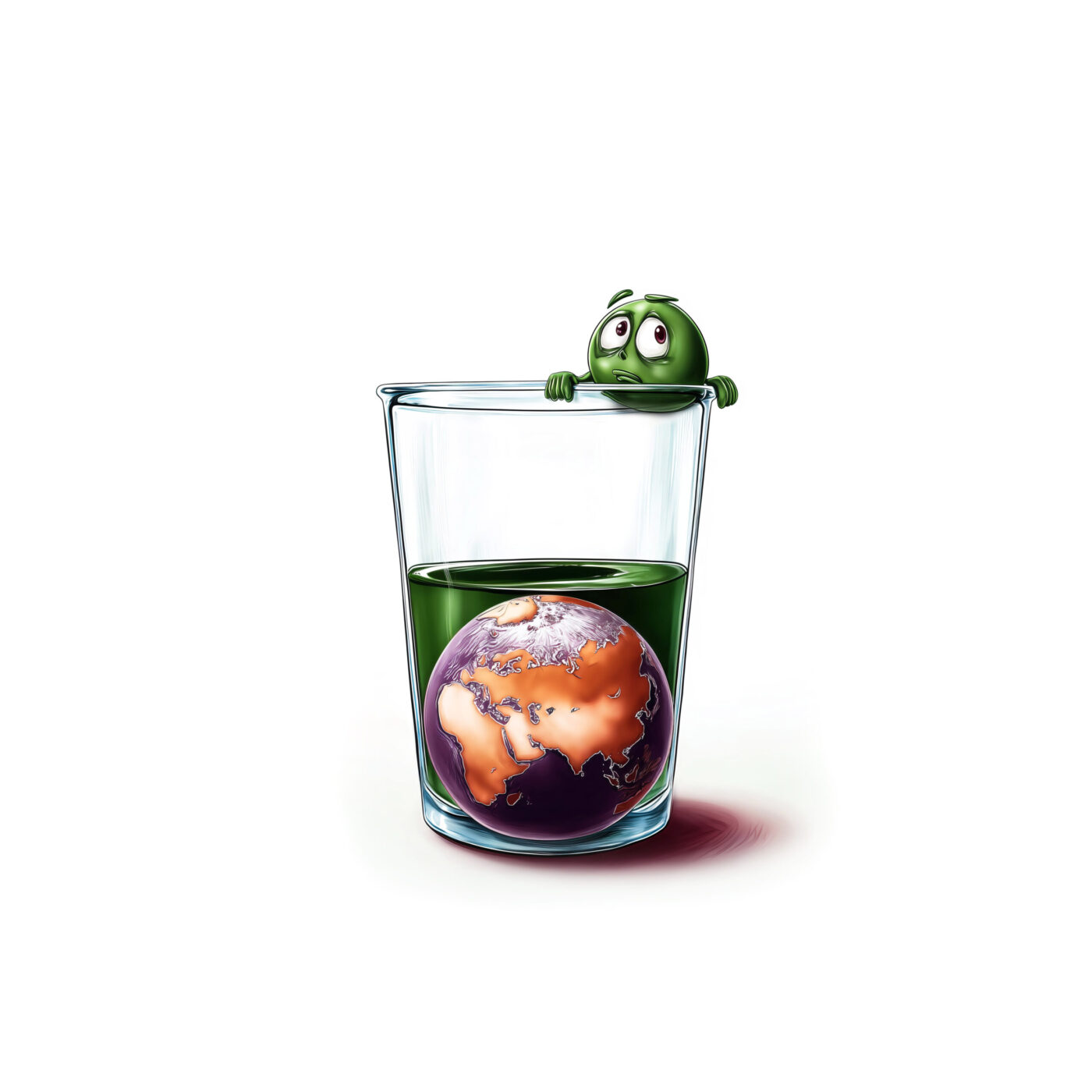Illustration de la planète Terre immergée dans un verre de liquide vert avec une petite créature perchée sur le rebord.