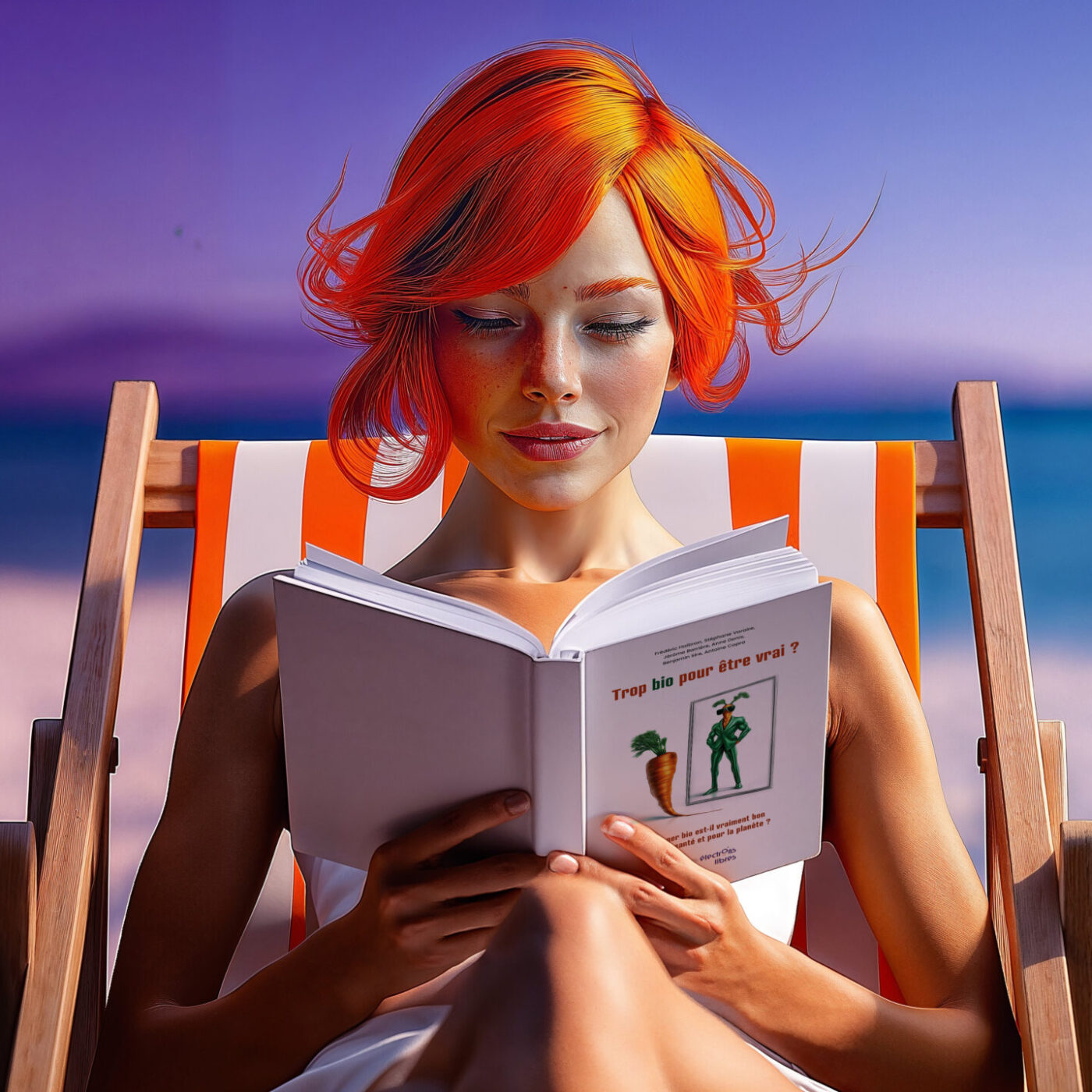 Céleste aux cheveux roux lit un livre, installée dans une chaise longue à la plage.