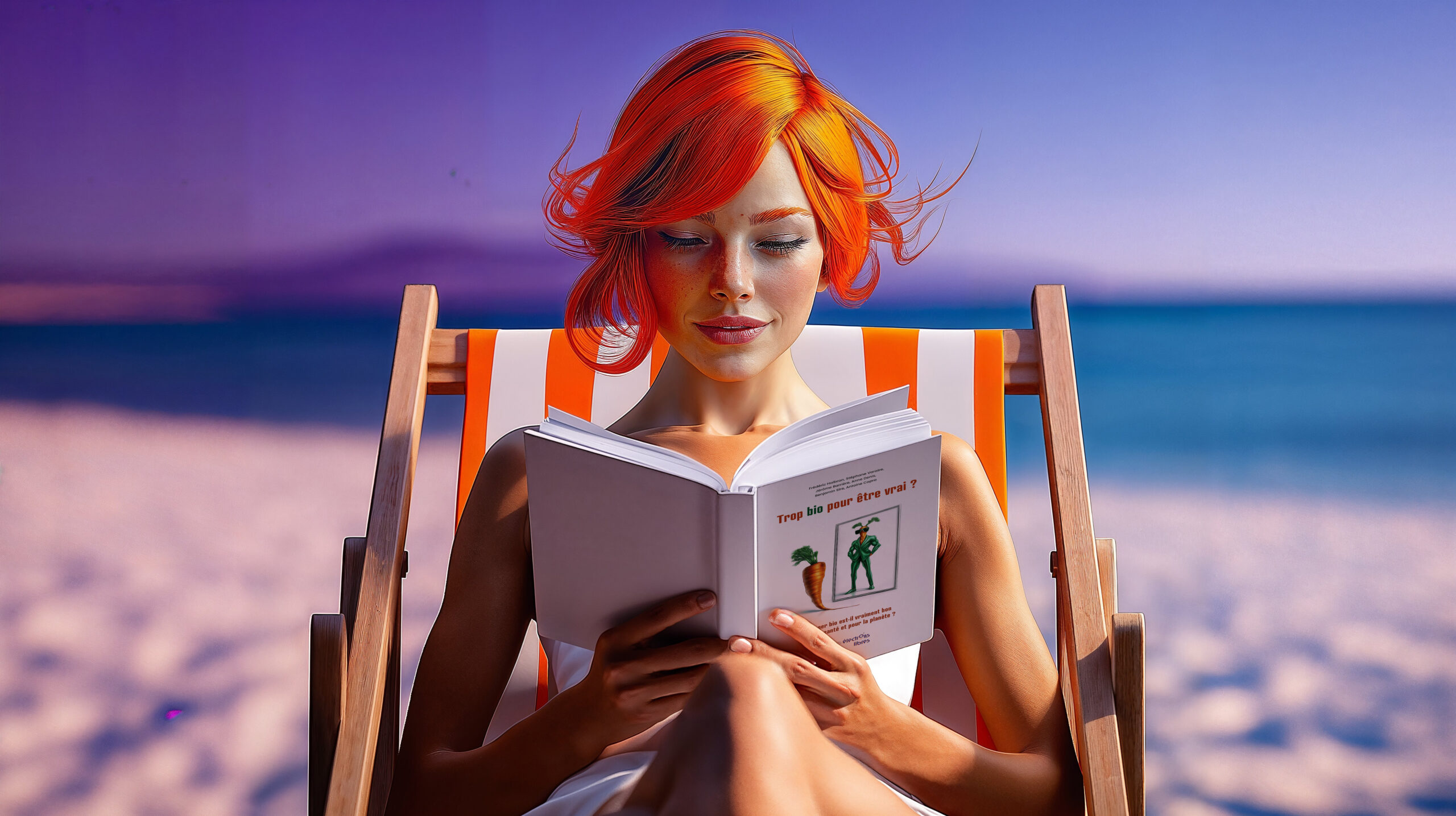 Céleste aux cheveux roux lit un livre, installée dans une chaise longue à la plage.