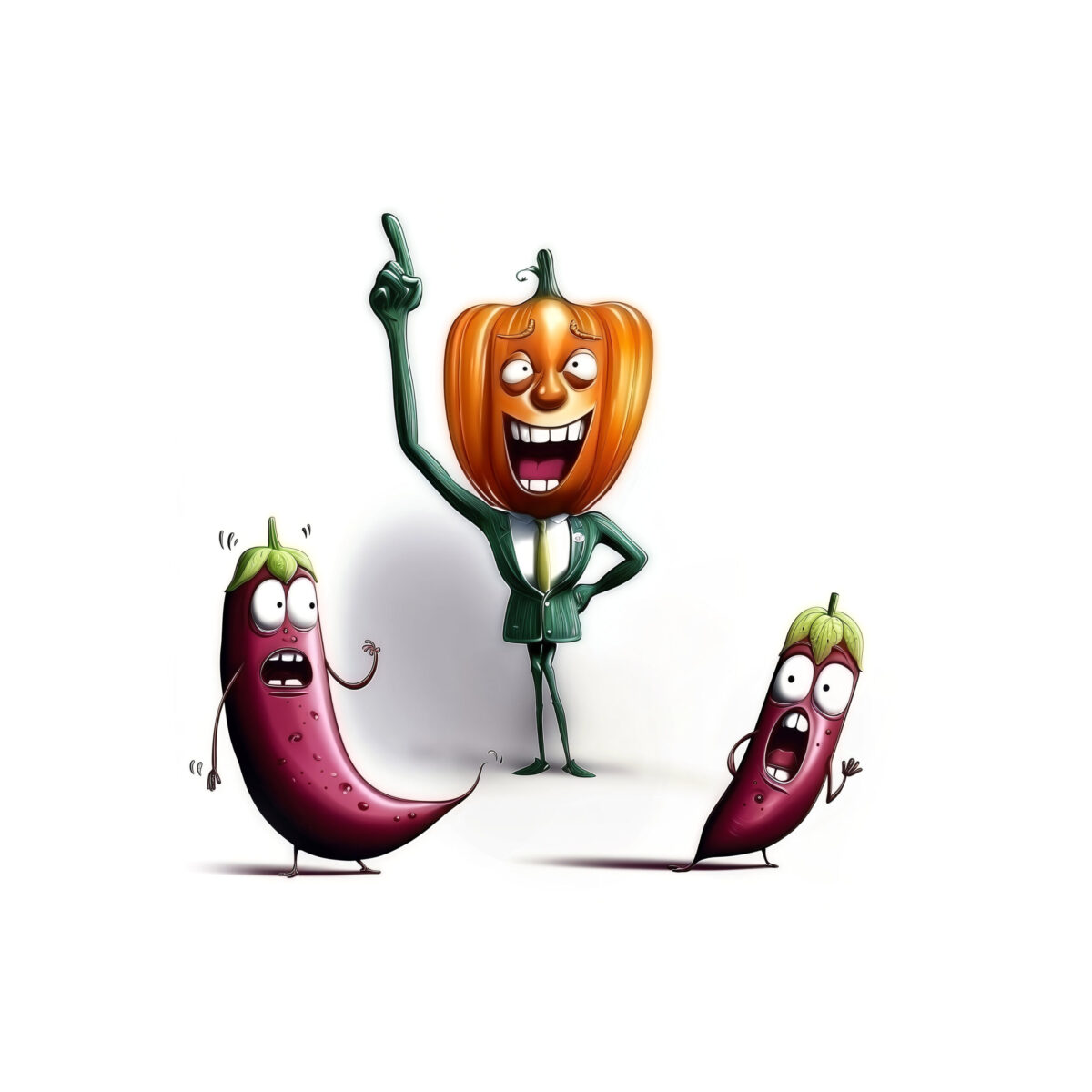 Illustration d'un personnage à tête de citrouille hilare entouré de deux aubergines effrayées.