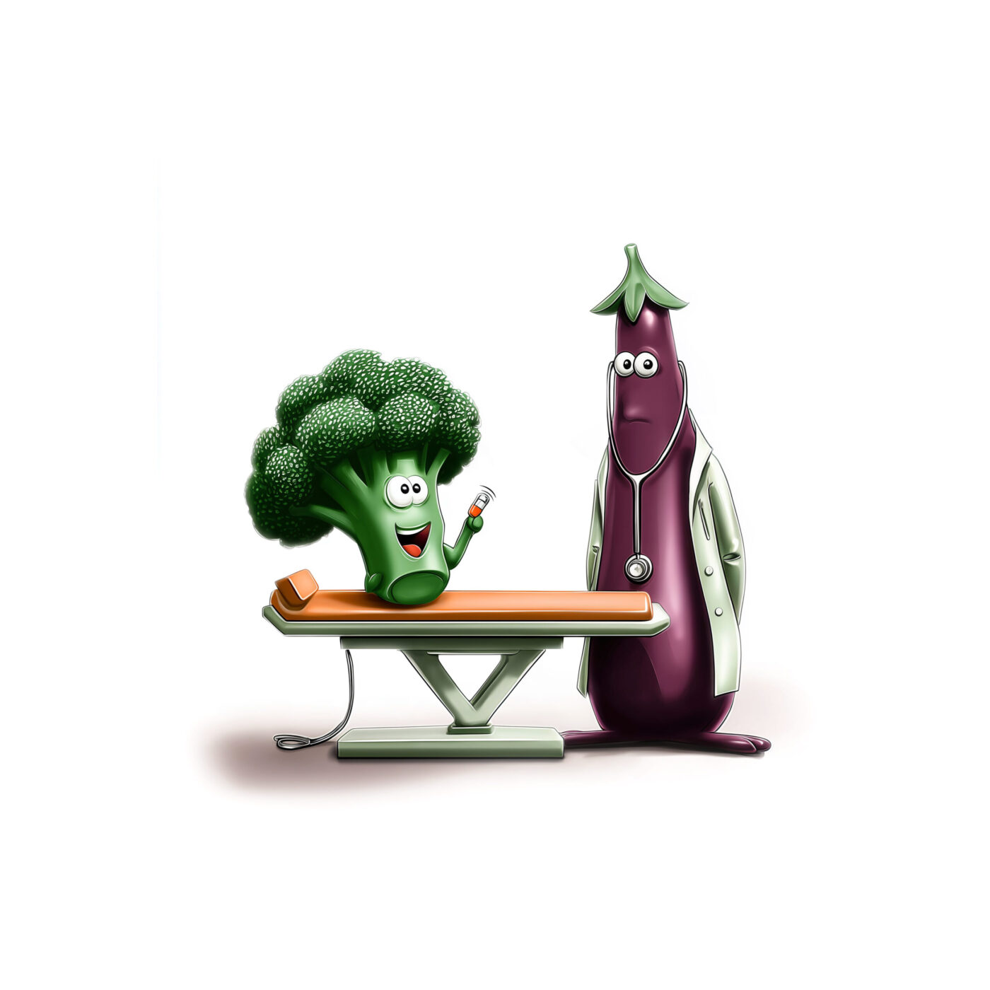 Illustration d'un brocoli joyeux assis sur une table d'examen face à une aubergine médecin.