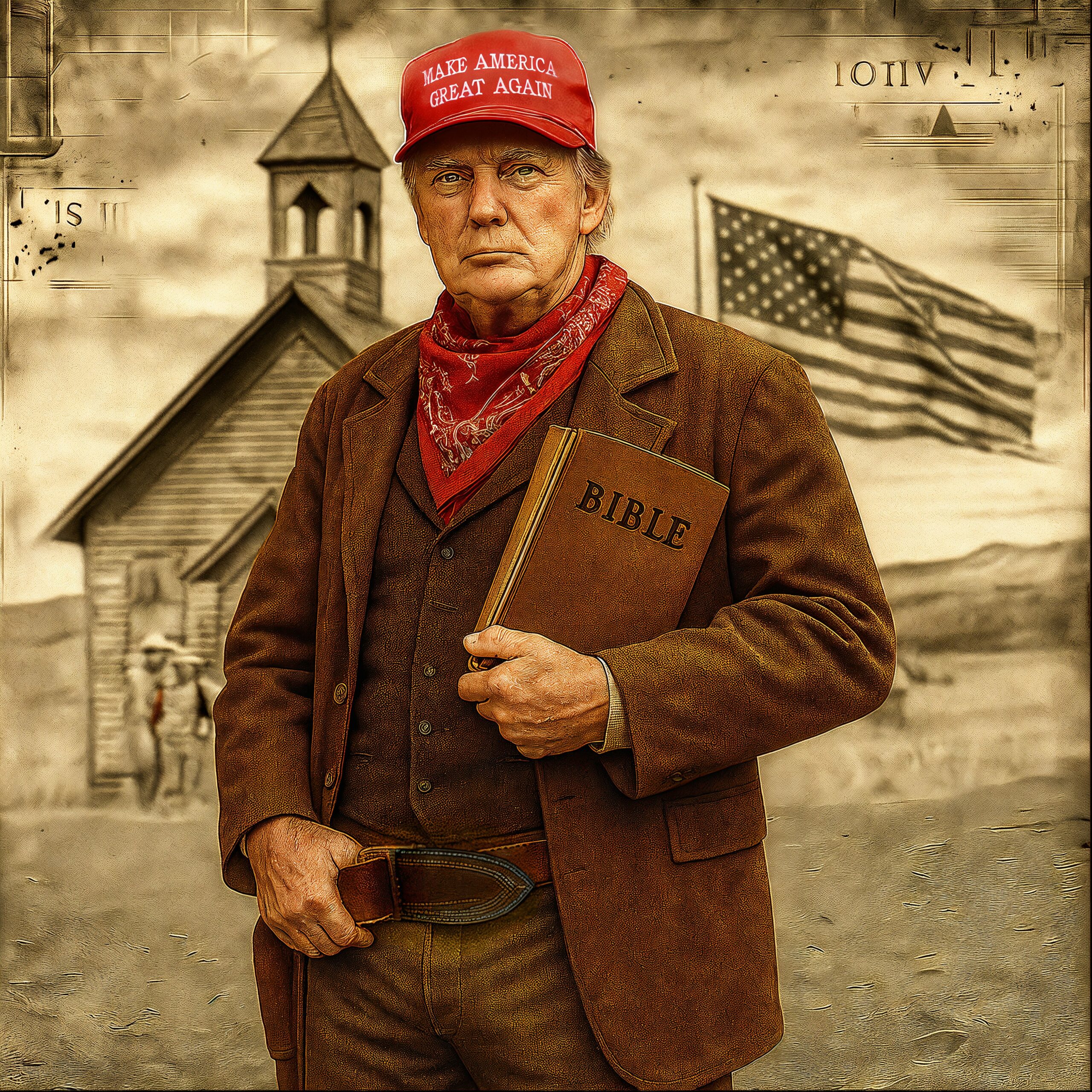 Donald Trump vêtu d'un costume style Far West, une casquette MAGA et tenant une Bible devant une église rurale.