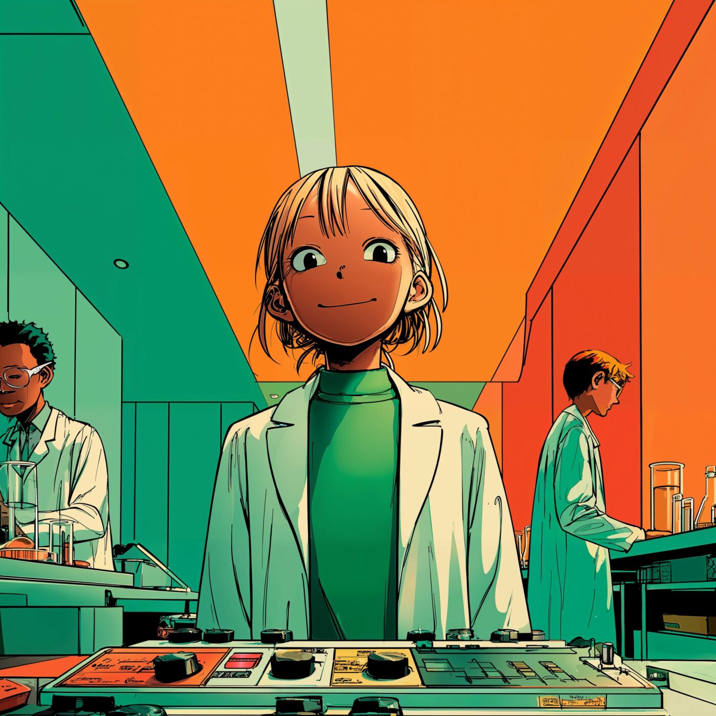 Une jeune scientifique en blouse blanche souriant au centre d'un laboratoire coloré d'inspiration anime.