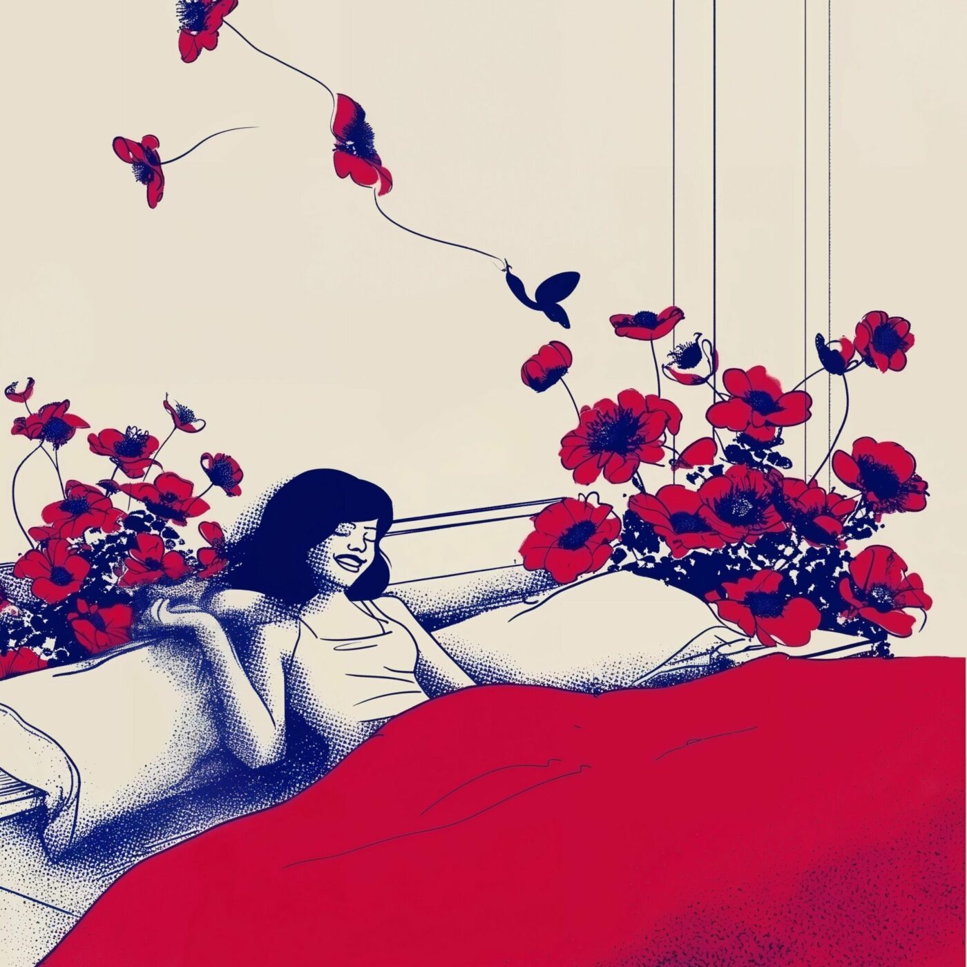 Illustration d'une jeune femme souriante au lit sous une couette rouge, entourée de fleurs rouges.