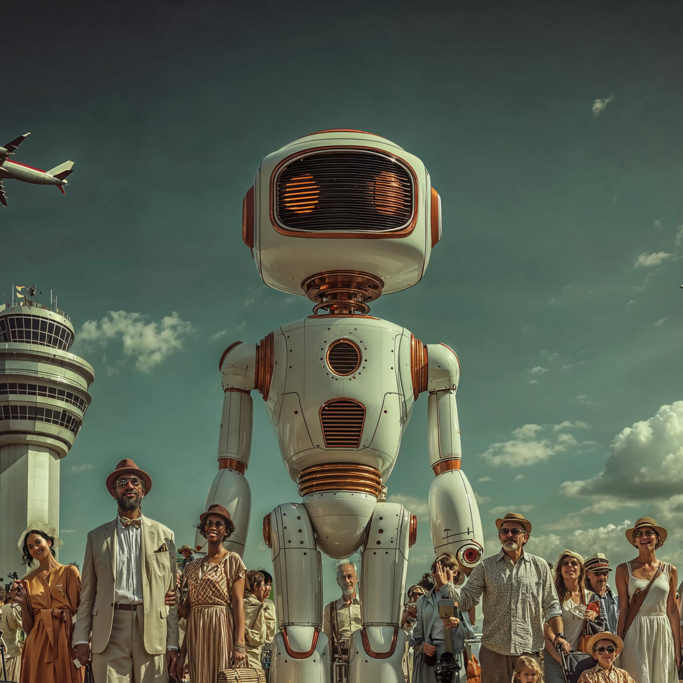 Un robot géant blanc et orange se tient au milieu d'une foule dans un aéroport rétro-futuriste.