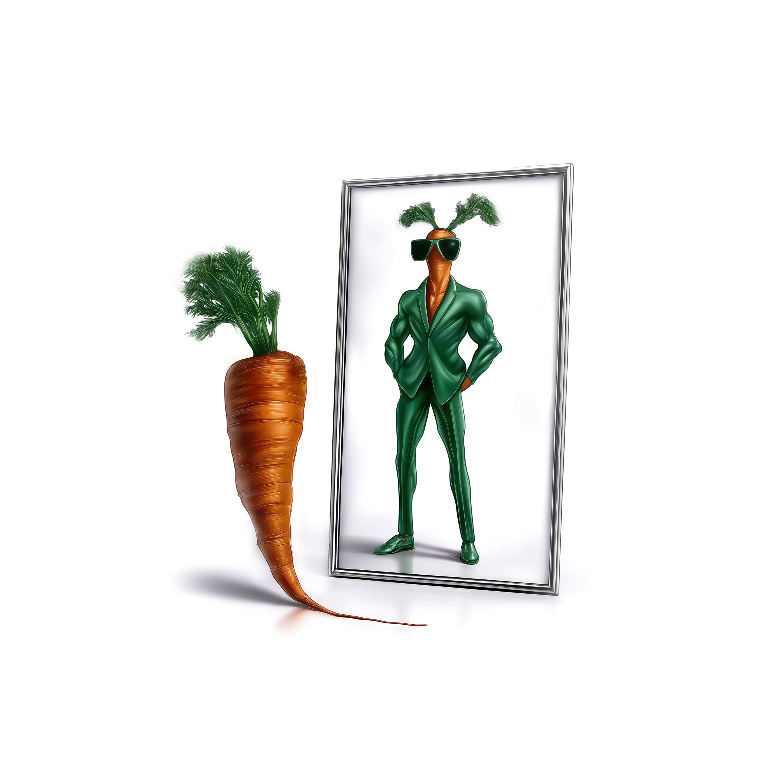 Une carotte se regarde dans un miroir et y voit son reflet transformé en super-héros.