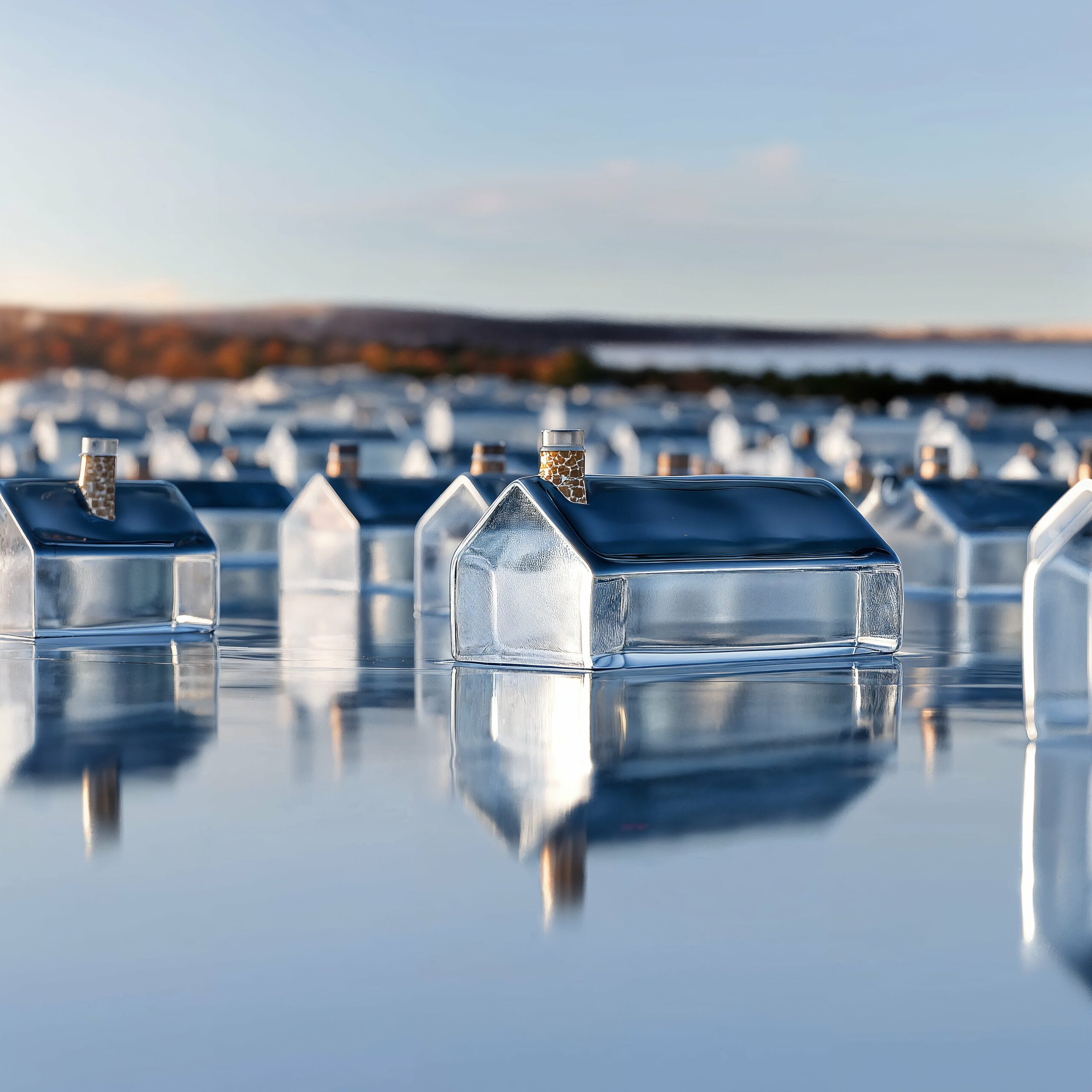 Des petites maisons transparentes en verre ou en glace alignées sur une surface gelée et réfléchissante.