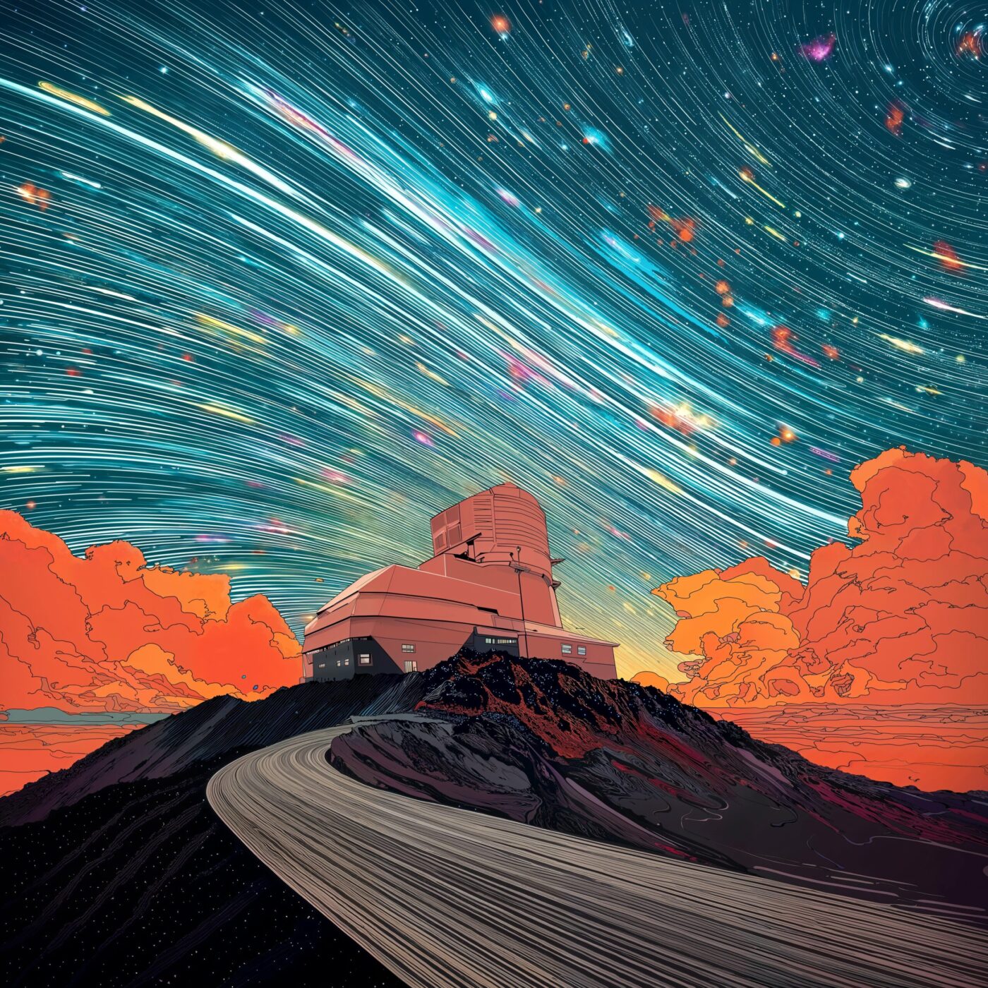 Illustration d'un observatoire astronomique perché sur une colline sombre sous un ciel étoilé tourbillonnant.
