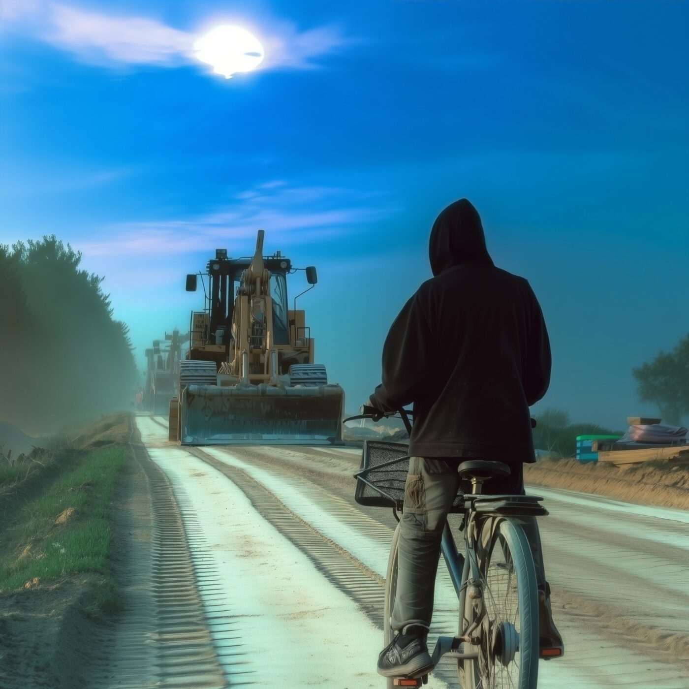 Un cycliste à capuche roule sur une route en chantier face à un engin de terrassement sous un ciel ensoleillé.