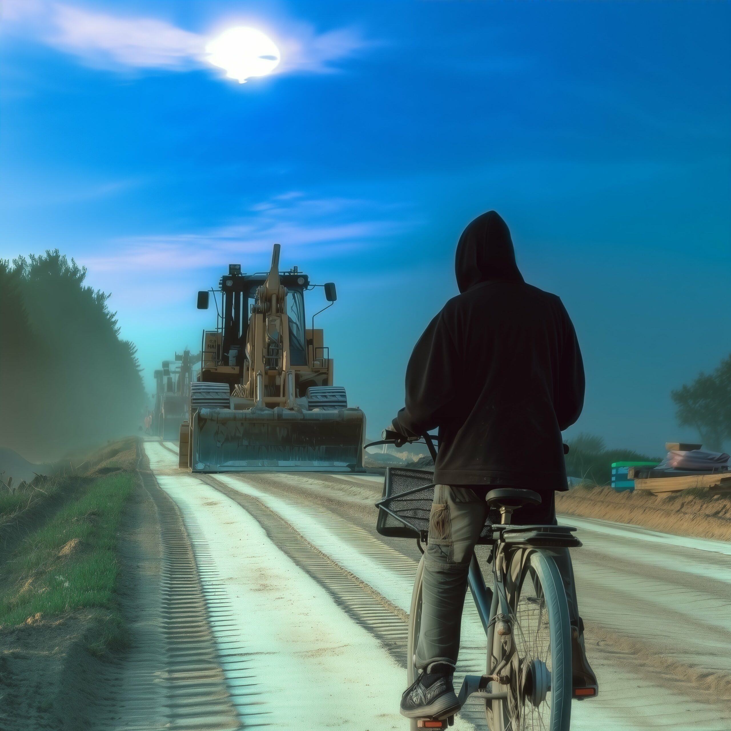 Un cycliste à capuche roule sur une route en chantier face à un engin de terrassement sous un ciel ensoleillé.