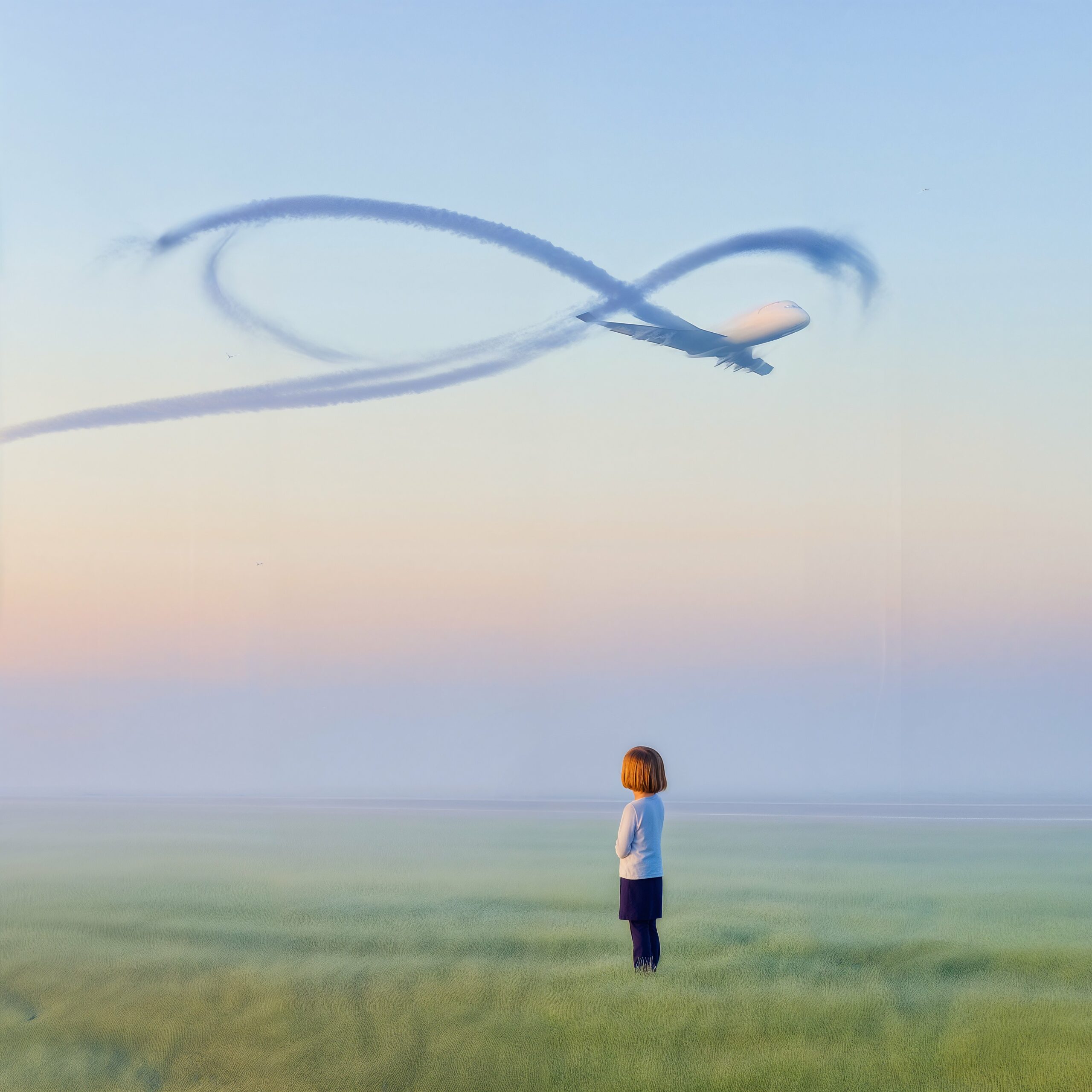 Céleste observe un planeur dessiner des boucles de fumée dans le ciel au-dessus d'un champ verdoyant.