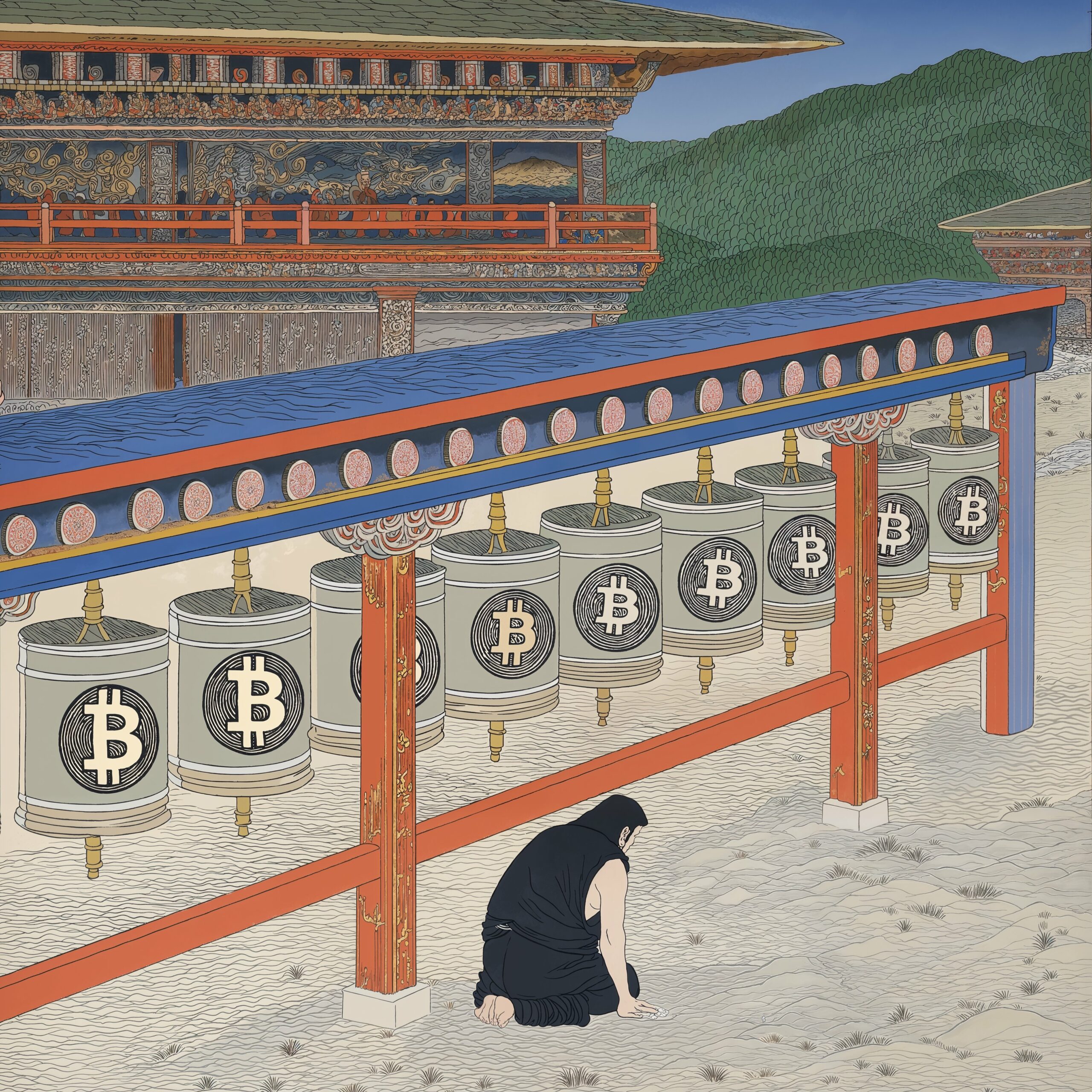 Moulins à prières traditionnels ornés du symbole du Bitcoin devant un temple bouddhiste.