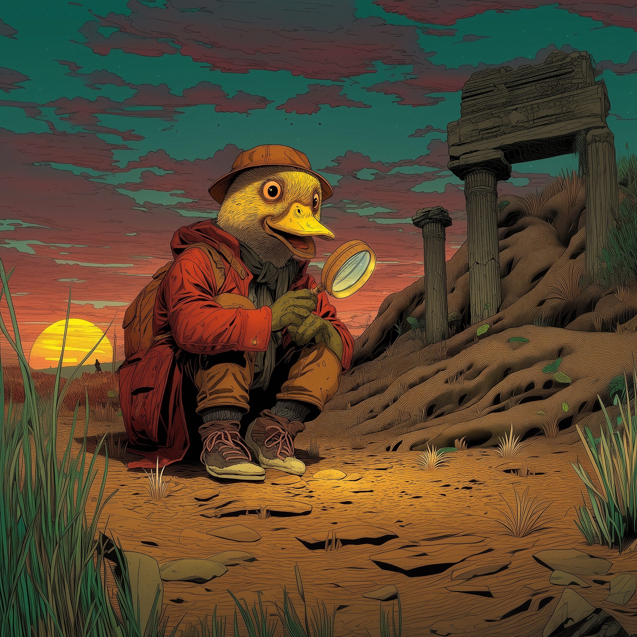 Un canard anthropomorphe habillé en aventurier examine le sol près de ruines au coucher du soleil.