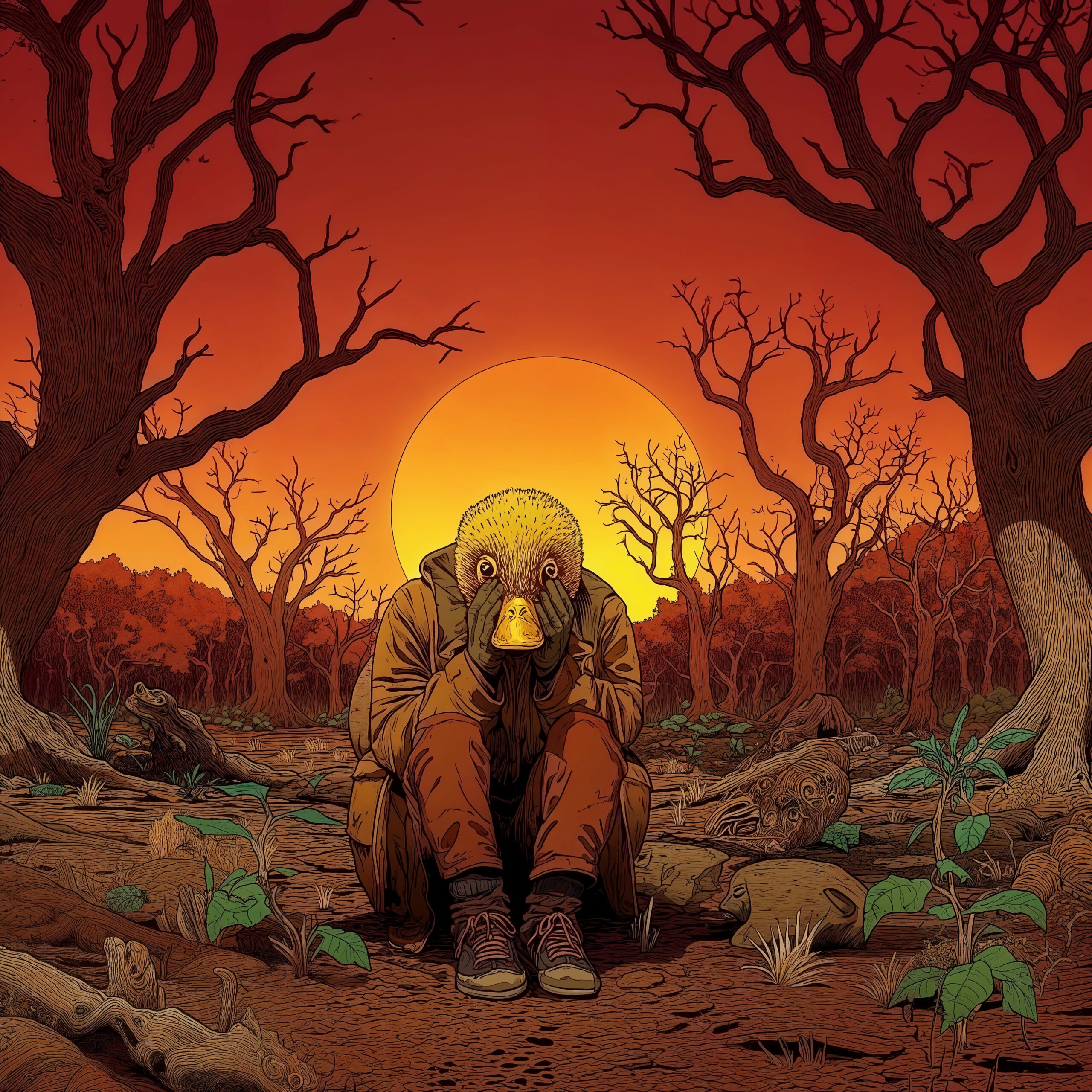 Un personnage avec un masque à gaz assis dans une forêt dévastée sous un soleil ardent.