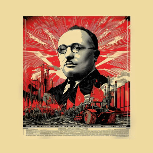 Affiche de propagande soviétique en rouge et noir illustrant un dirigeant devant une zone industrielle et des avions.