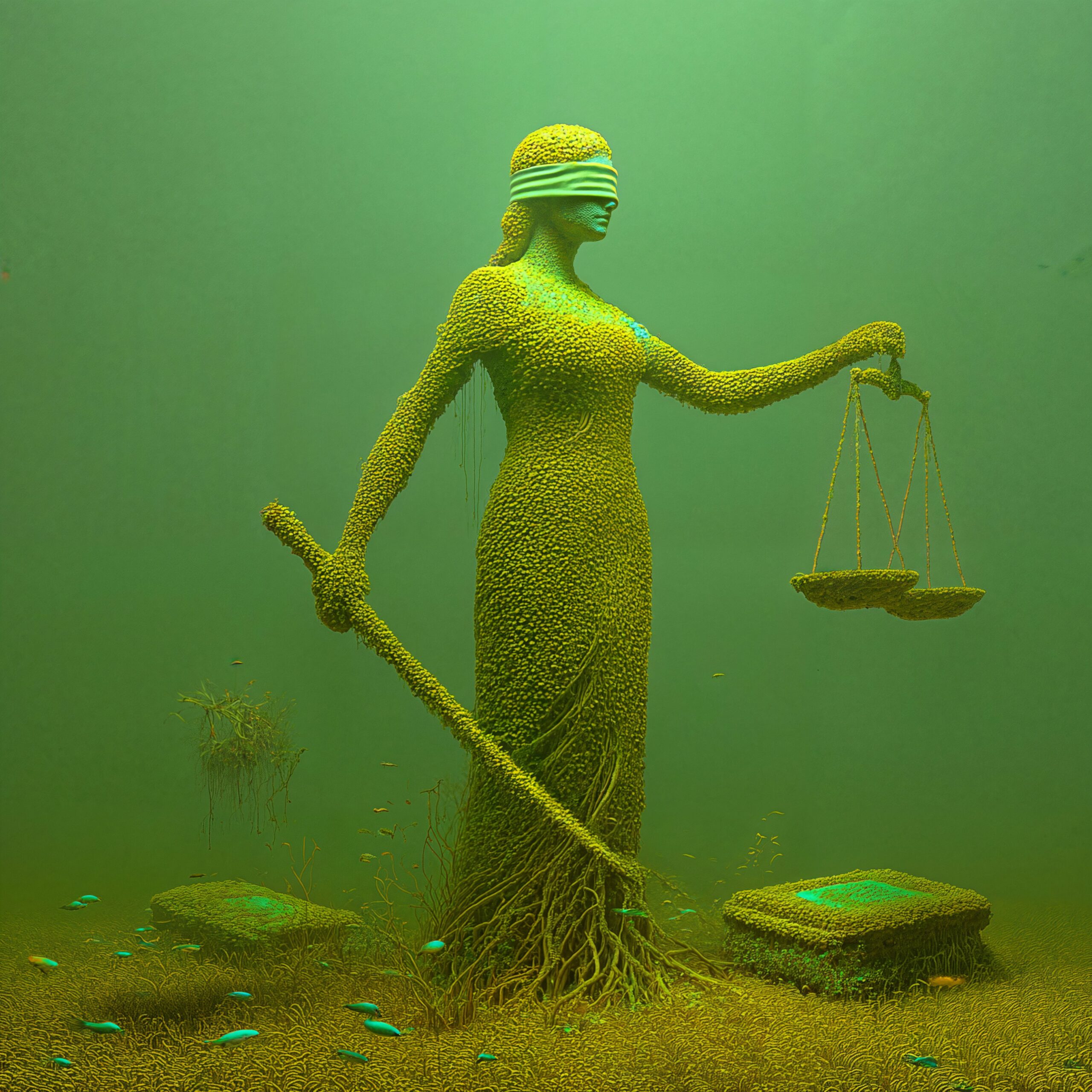 Statue de la Justice aux yeux bandés, tenant une épée et une balance dans une eau verdâtre.