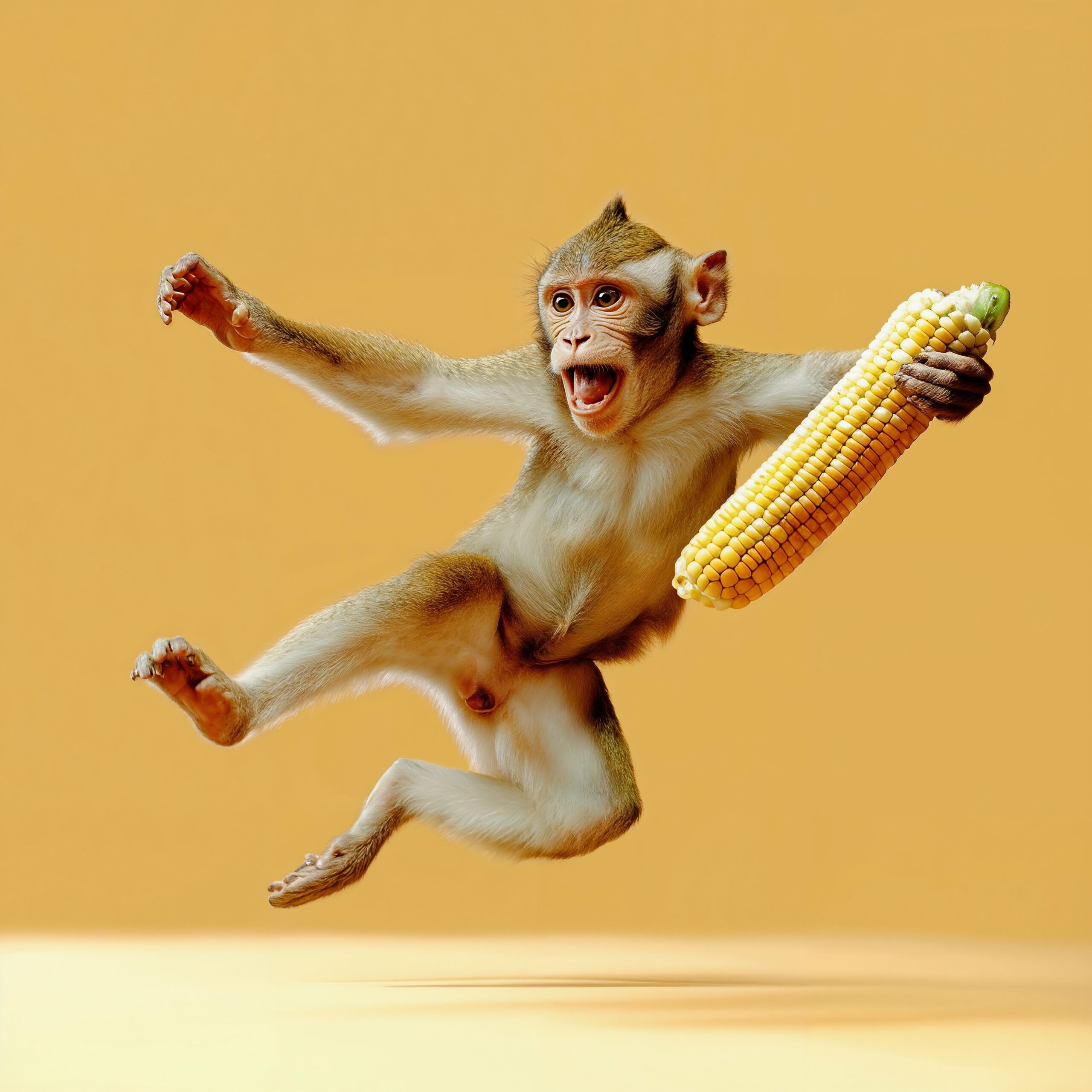 Un singe en plein saut tenant un épi de maïs sur un fond beige.
