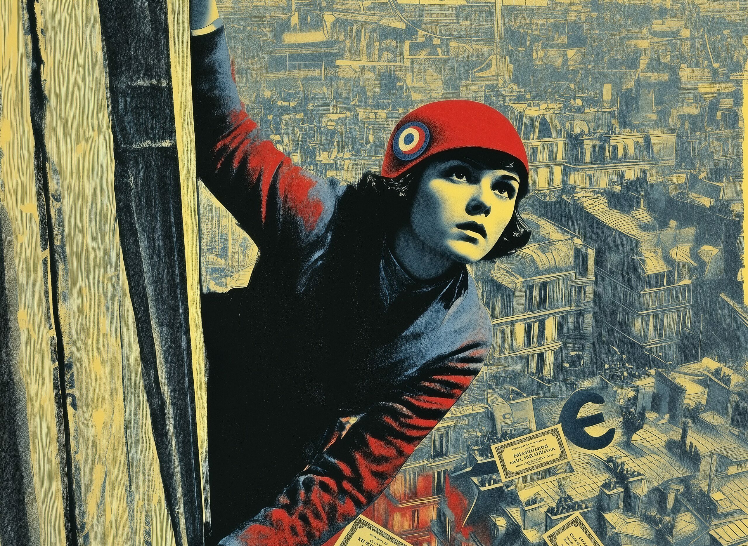 Illustration rétro d'une jeune femme au chapeau rouge grimpant à une structure au-dessus d'une ville.