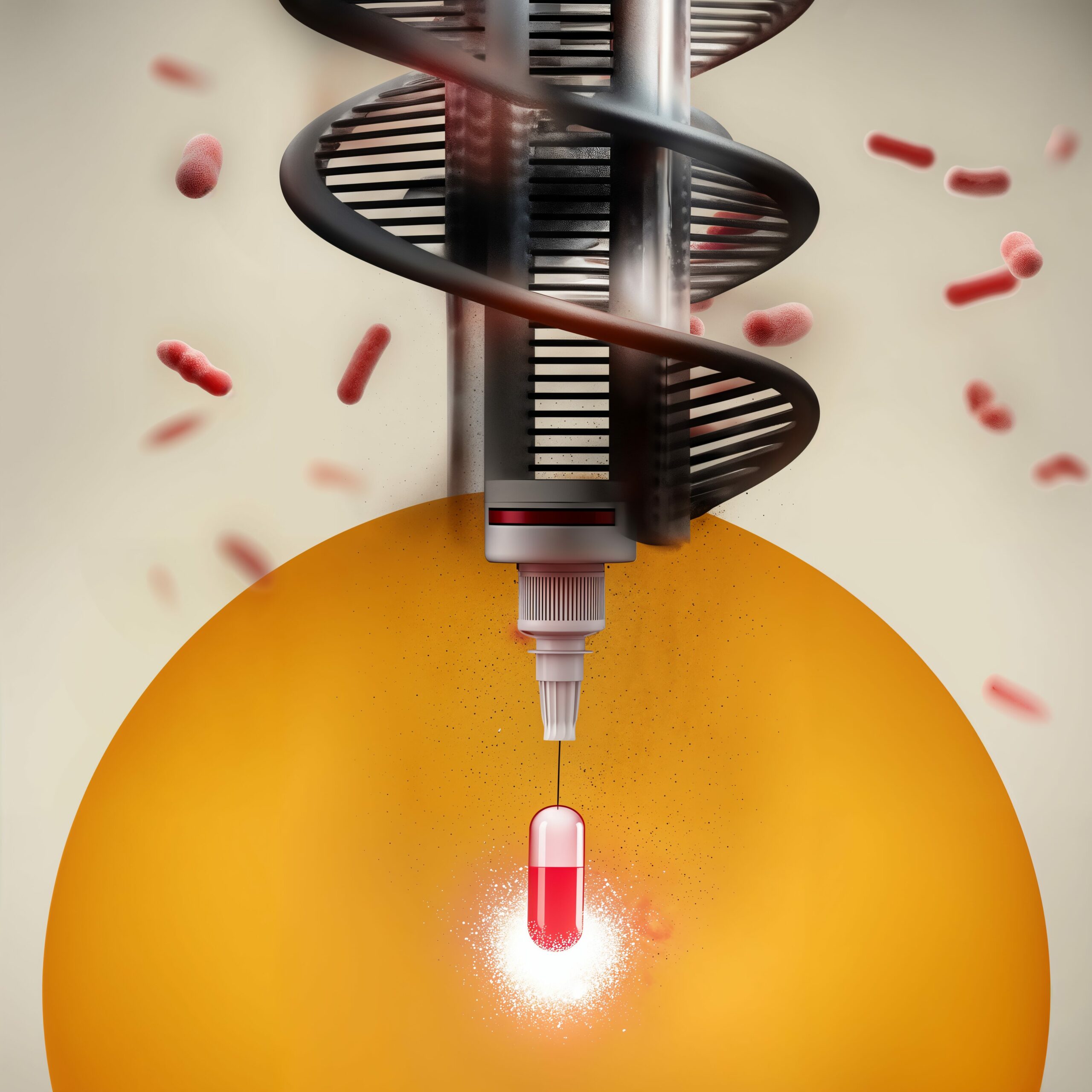 Illustration conceptuelle d'une seringue entourée d'une hélice d'ADN injectant une gélule rouge dans une cellule jaune.